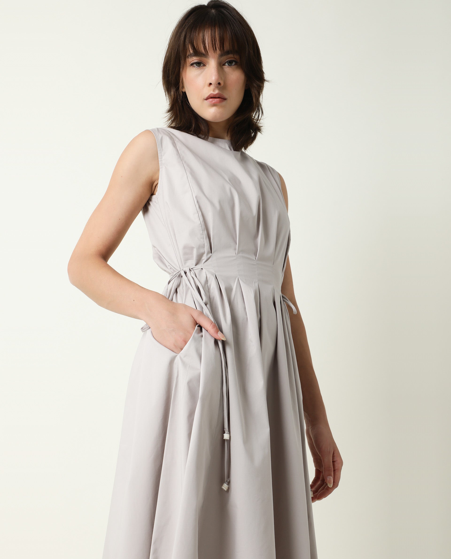 Rareism Womens Zippo Grey Dress Cotton Lycra Fabric Regular Fit Sleeveless Round Neck