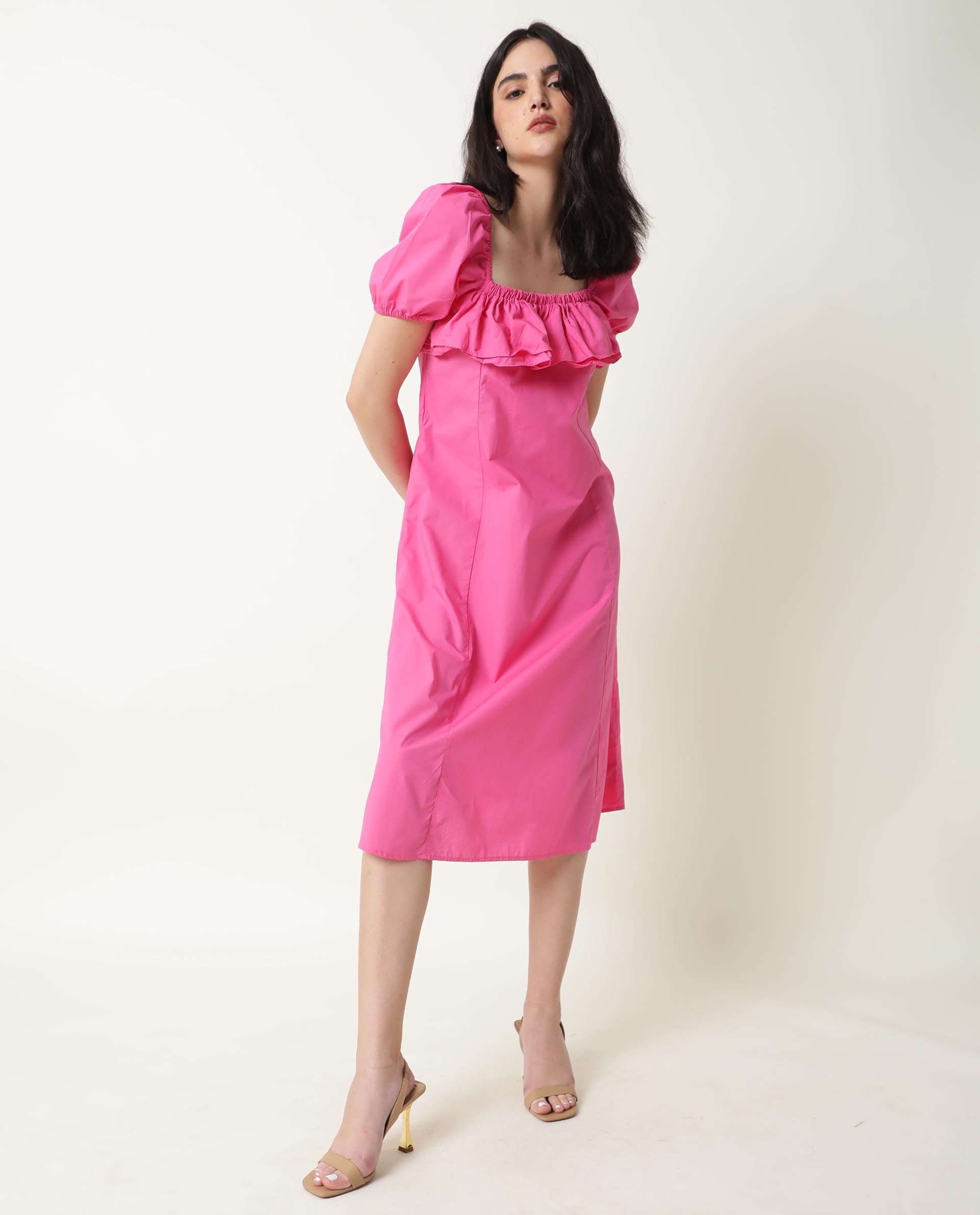 Rareism Women Varsi Pink Square Neck Puff Sleeves Ruffle At The Neck With Pockets Midi Dress