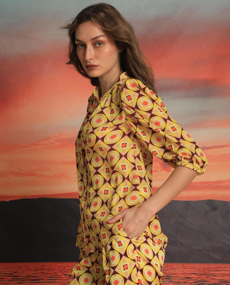 Rareism Women Mason Yellow Polyester Fabric 3/4Th Sleeves Mandarin Collar Balloon Sleeve Regular Fit Geometric Print Top