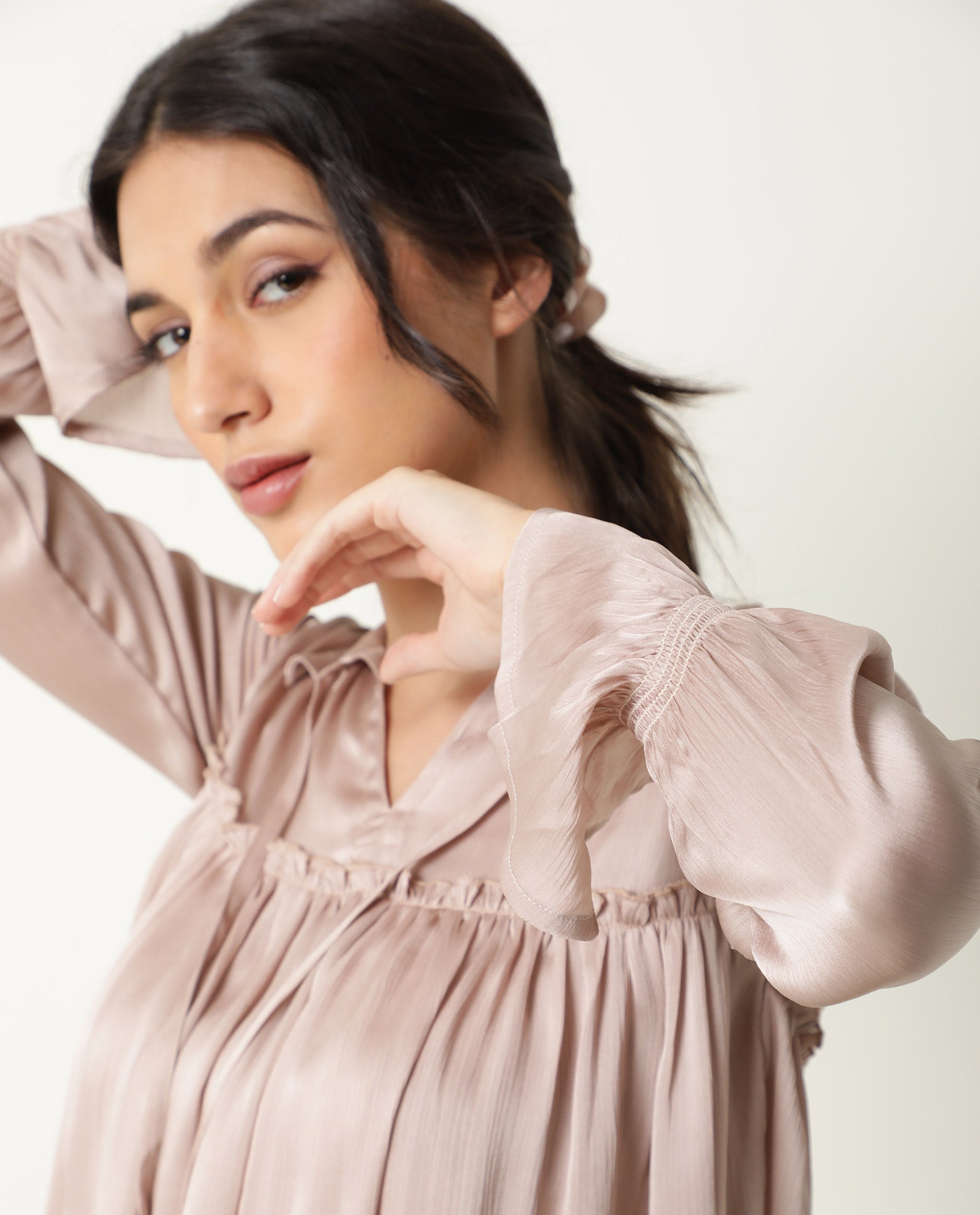 Rareism Women Poetess Light Pink Polyester Fabric Regular Fit Collared Neck Full Sleeves Solid Top