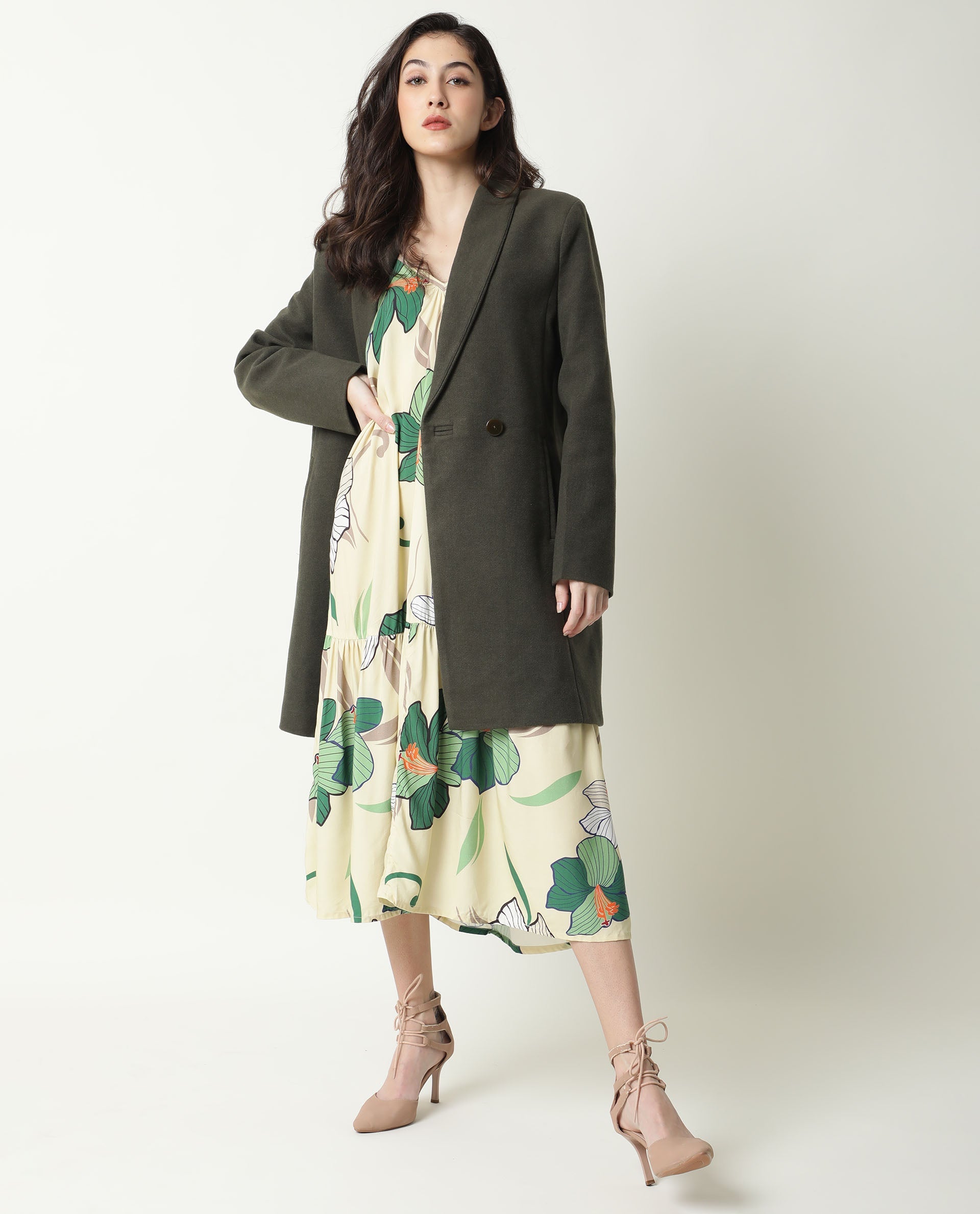 Rareism Women Avon Olive Polyester Fabric Full Sleeves Solid Lapel Neck Jacket