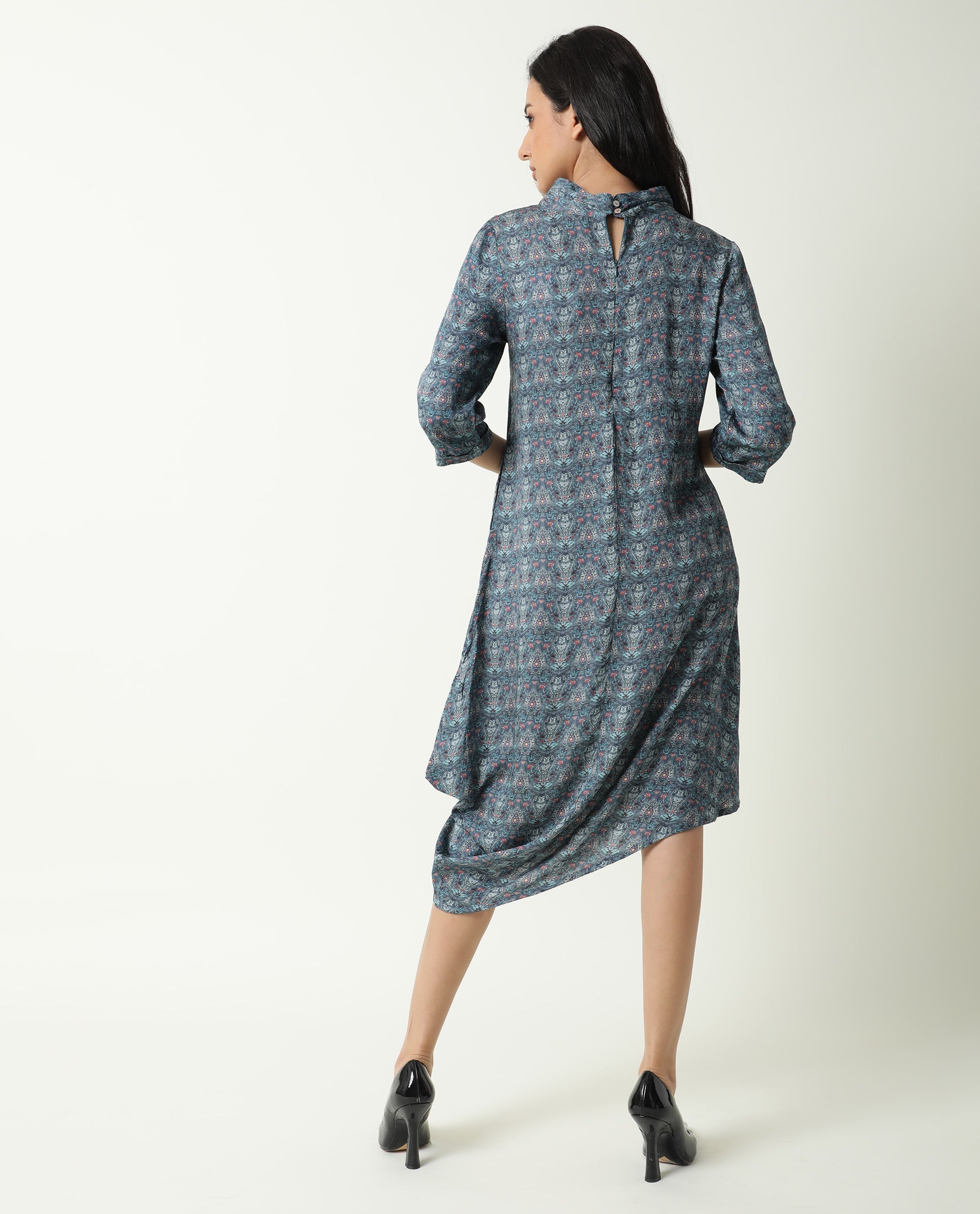 Rareism Women Hairen Grey Abstract Print Band Collar 3/4 Sleeves Asymmetric Knee Length Dress