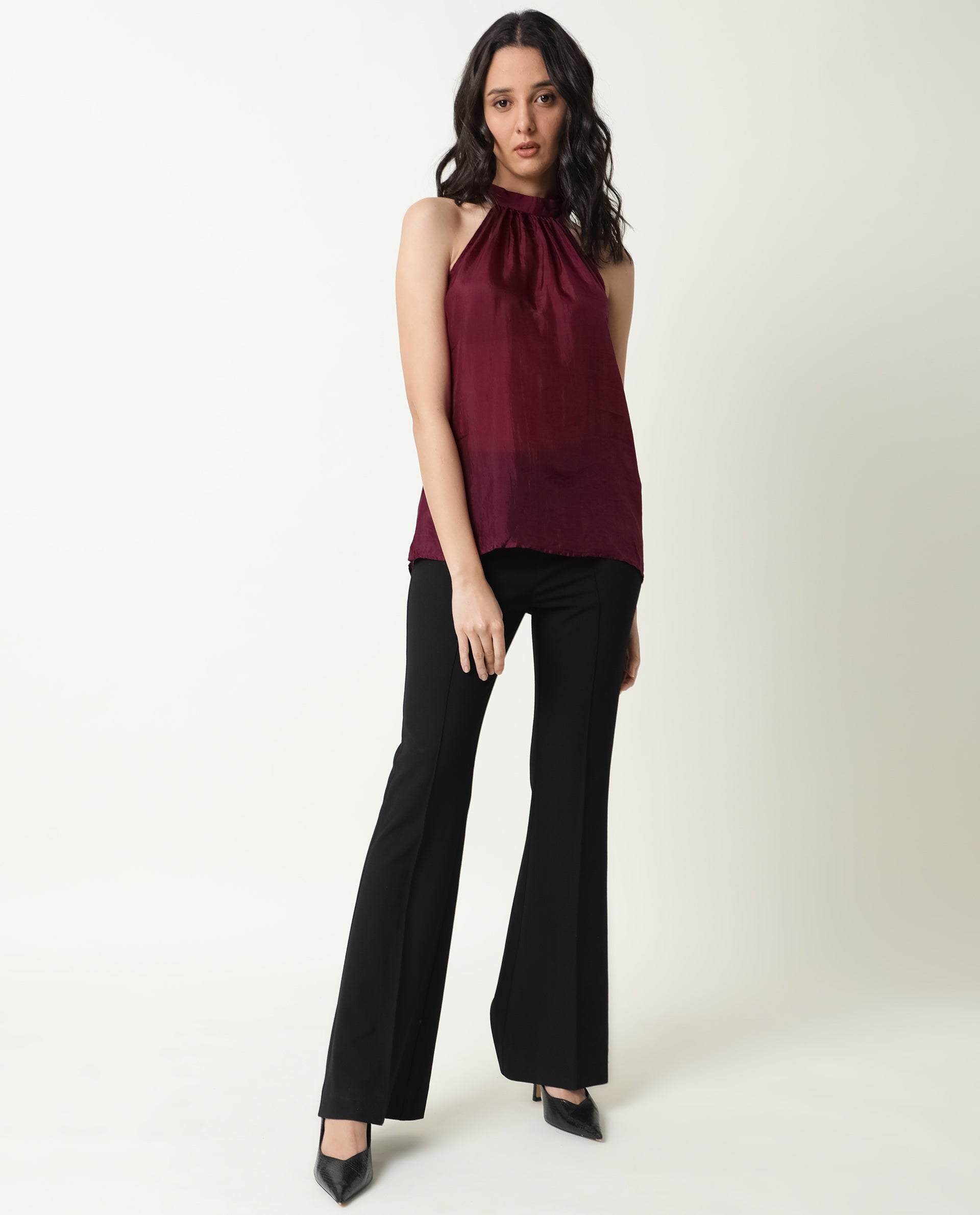 Rareism Womens Sahano Maroon Top Poly Viscose Fabric  Sleeveless Halter Neck