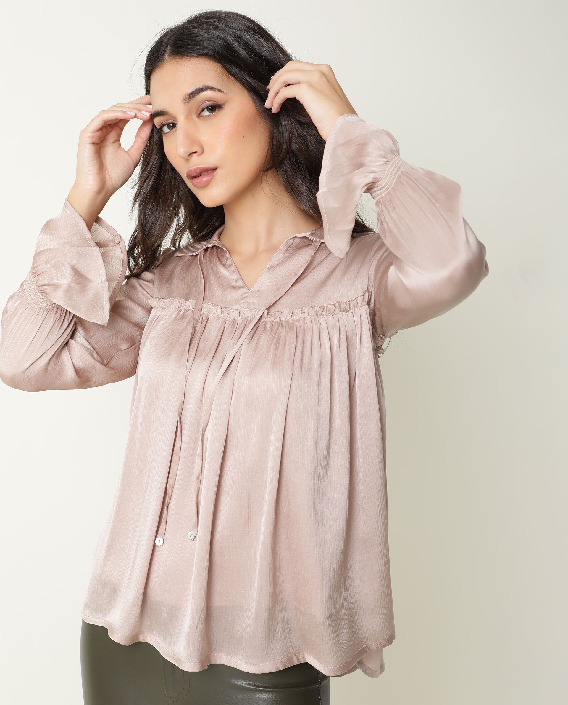 Rareism Women Poetess Light Pink Polyester Fabric Regular Fit Collared Neck Full Sleeves Solid Top