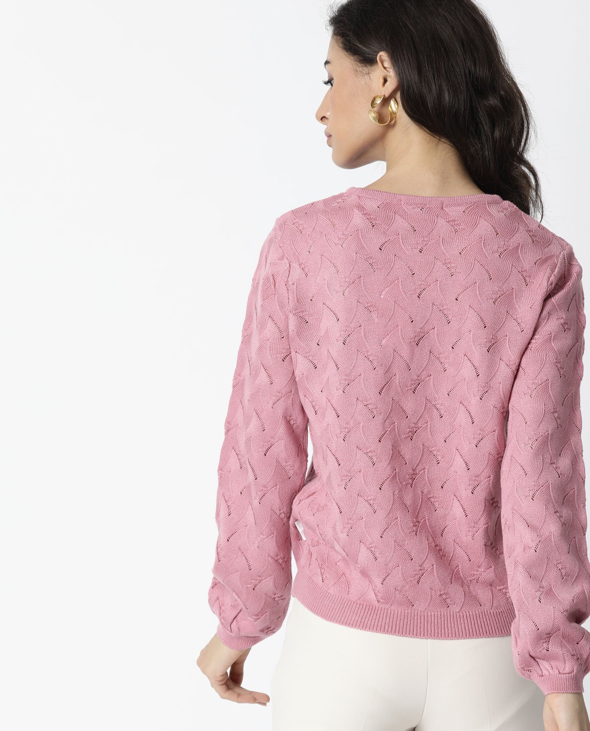 Rareism Women Danbury Pink Acrylic Fabric Full Sleeves Relaxed Fit Solid Round Neck Sweater