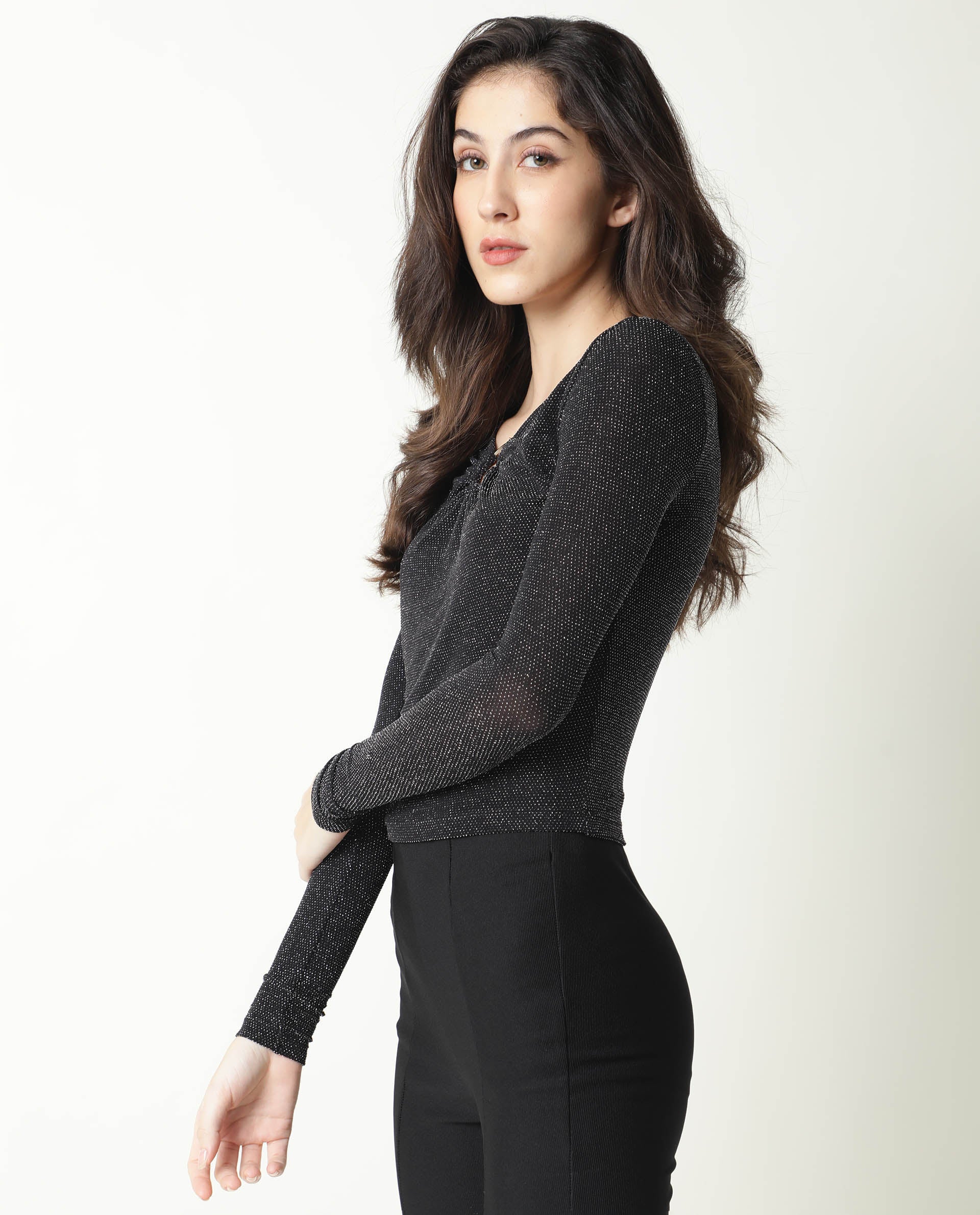 Rareism Women Ring Black Top Nylon Fabric Full Sleeves Solid