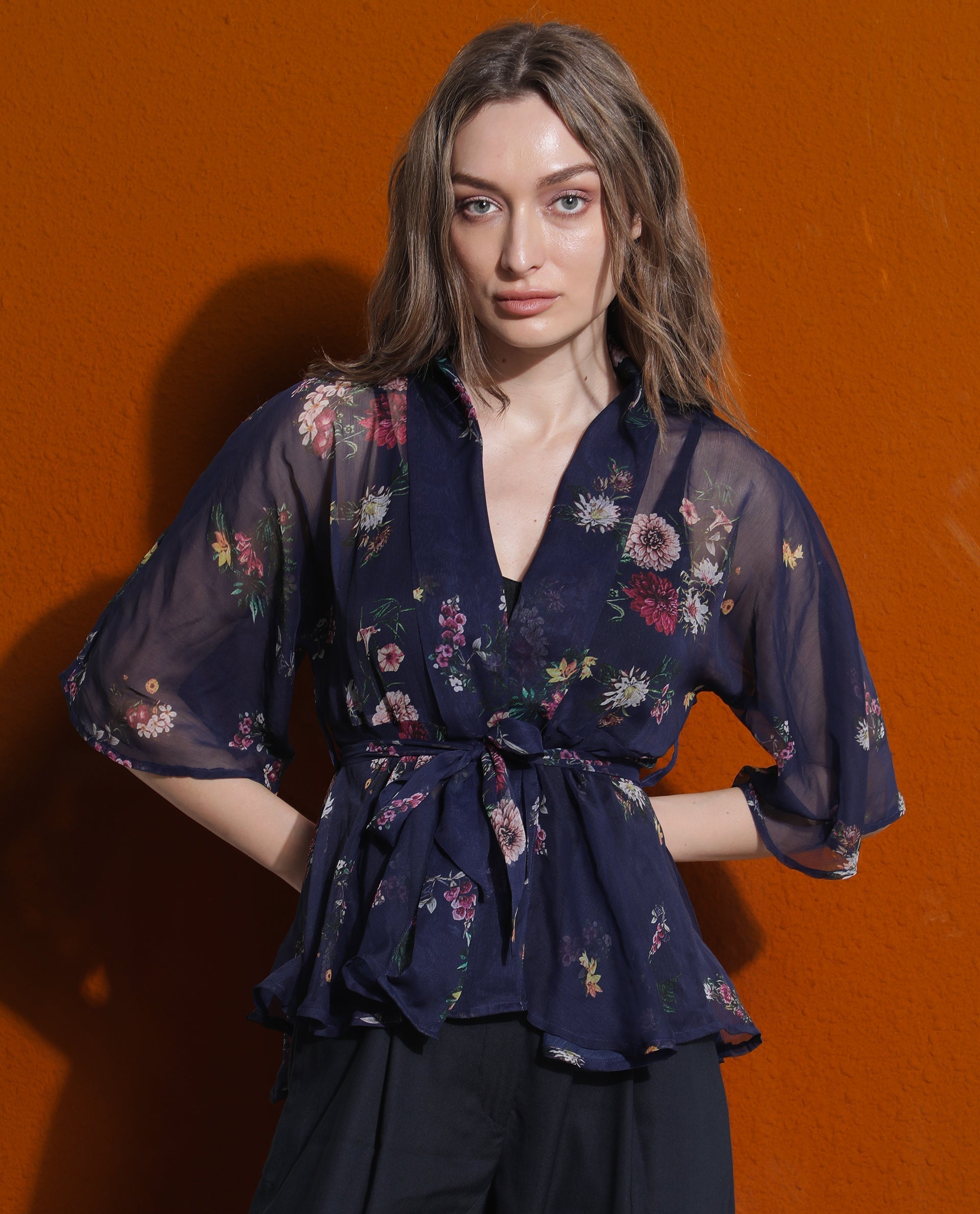 Rareism Women Greta Blue Polyester Fabric 3/4Th Sleeves Over Lap Bell Sleeve Regular Fit Floral Print Shrug