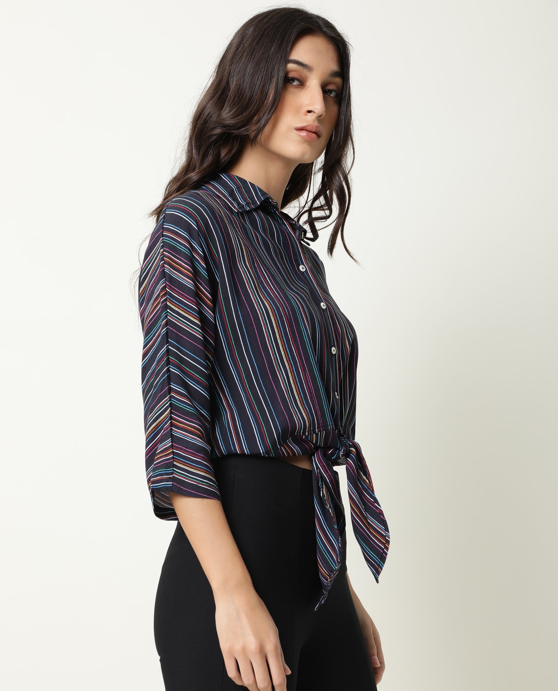 Rareism Women Thesis Black Viscose Fabric Relaxed Fit Collarless 3/4Th Sleeves Striped Top