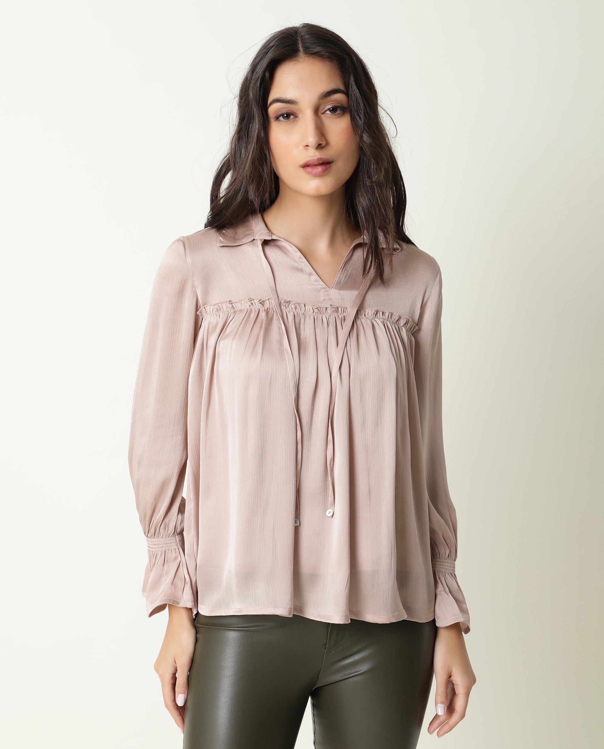 Rareism Women Poetess Light Pink Polyester Fabric Regular Fit Collared Neck Full Sleeves Solid Top