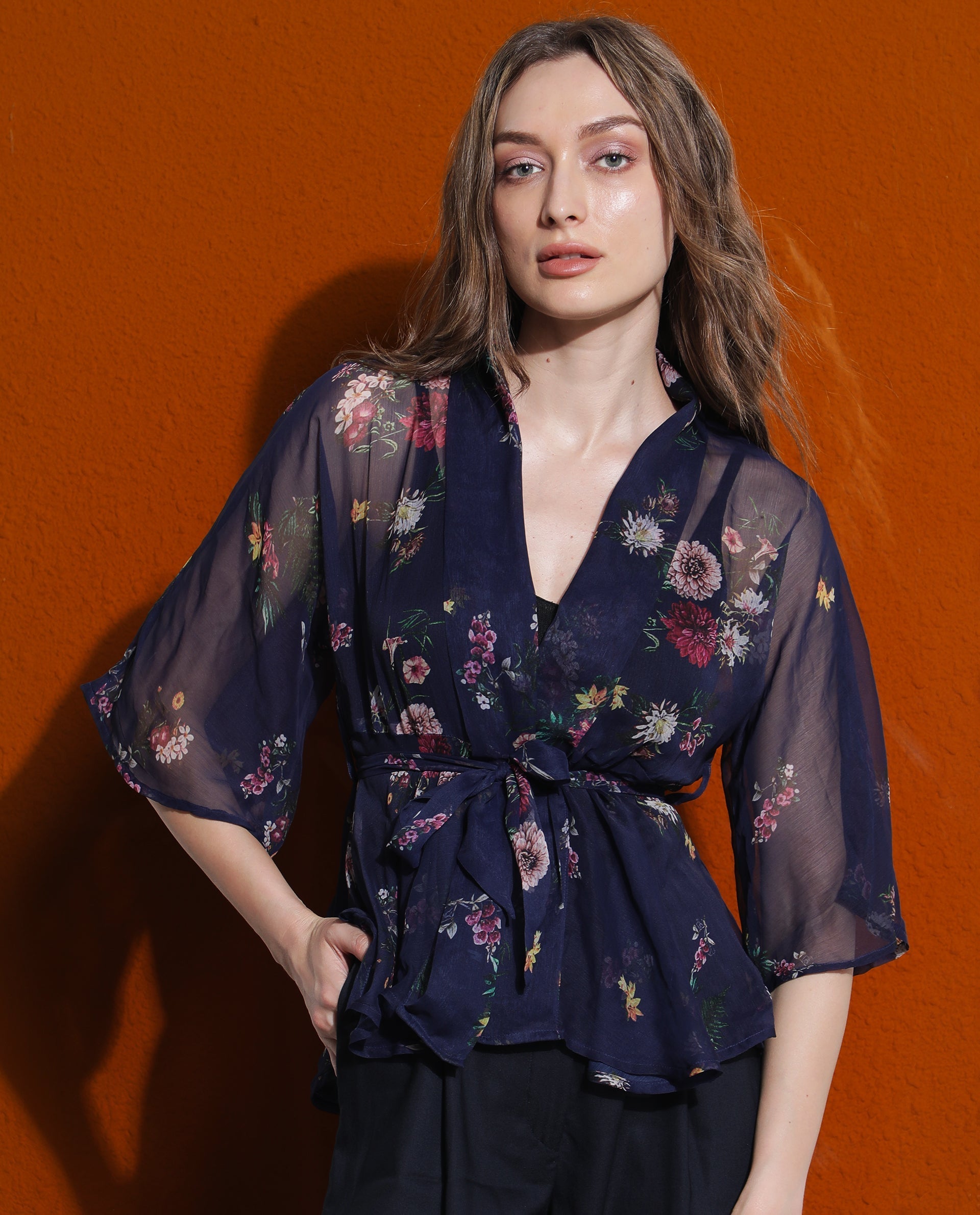 Rareism Women Greta Blue Polyester Fabric 3/4Th Sleeves Over Lap Bell Sleeve Regular Fit Floral Print Shrug