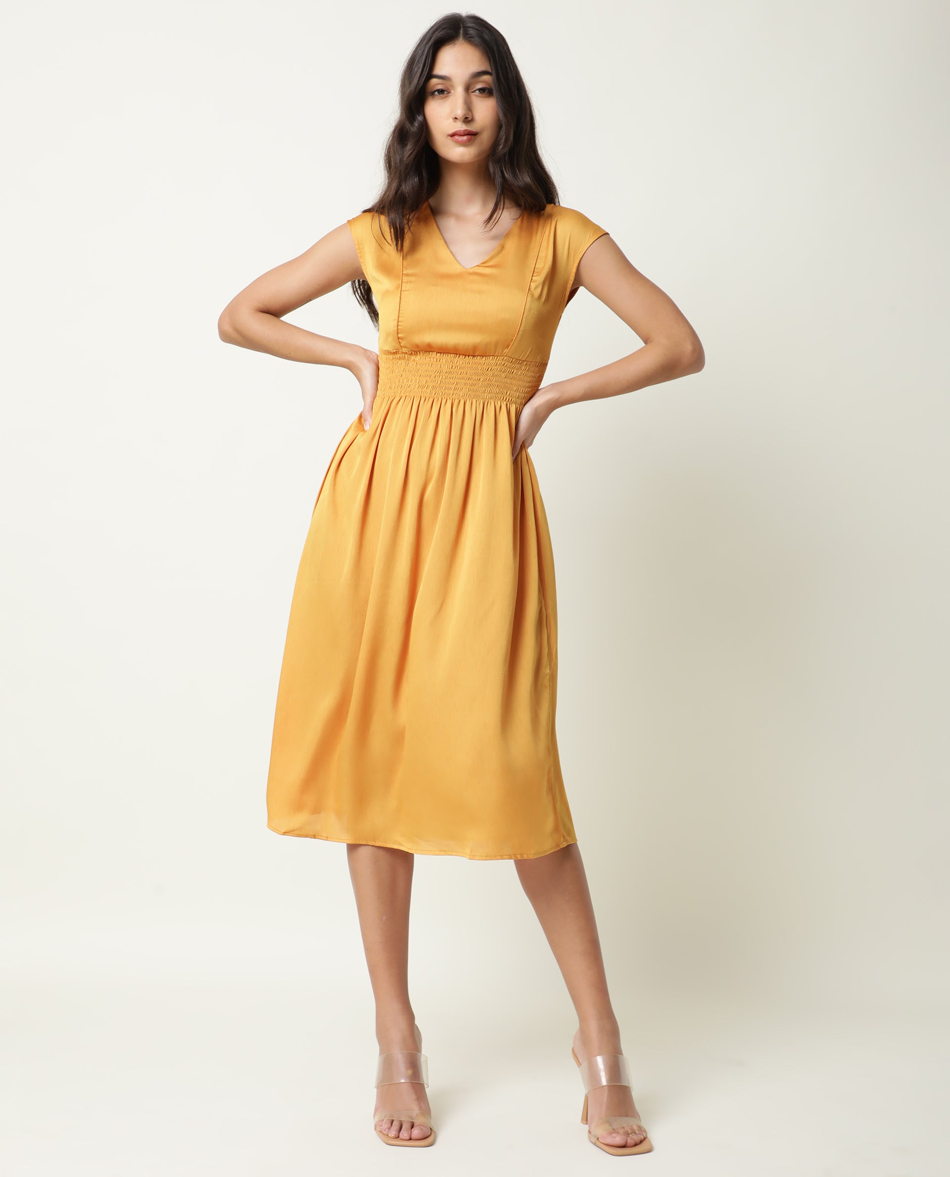 Rareism Women's Milux Mustard V-Neck Plain Sleeveless Knee Length Regular Fit Dress