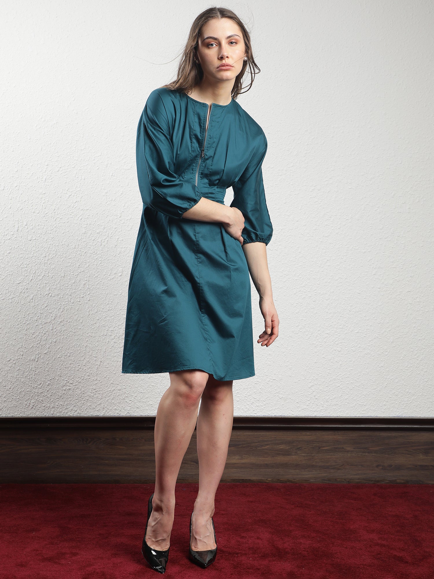 Rareism Women's Mayem Petrol Cotton Crew Neck Plain Volume Sleeve Knee Length Tailored Dress
