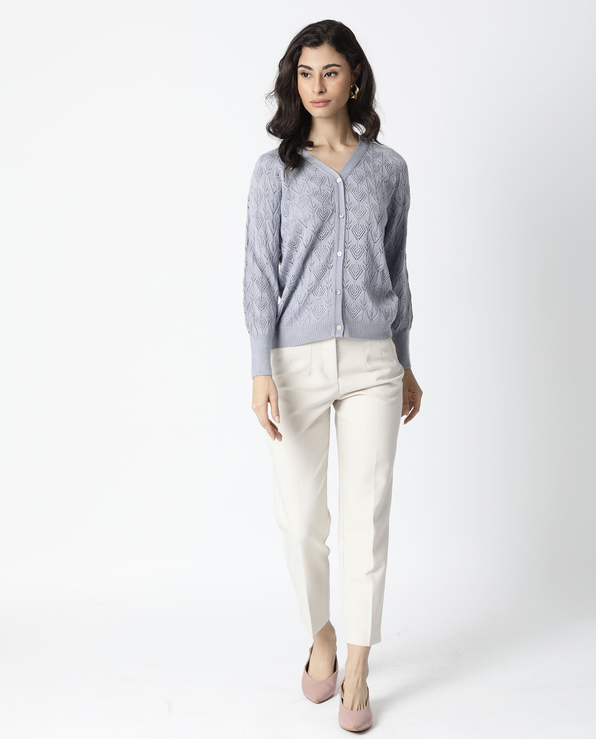 Rareism Women Adorn Purple  Full Sleeves Regular Fit Solid V-Neck Sweater