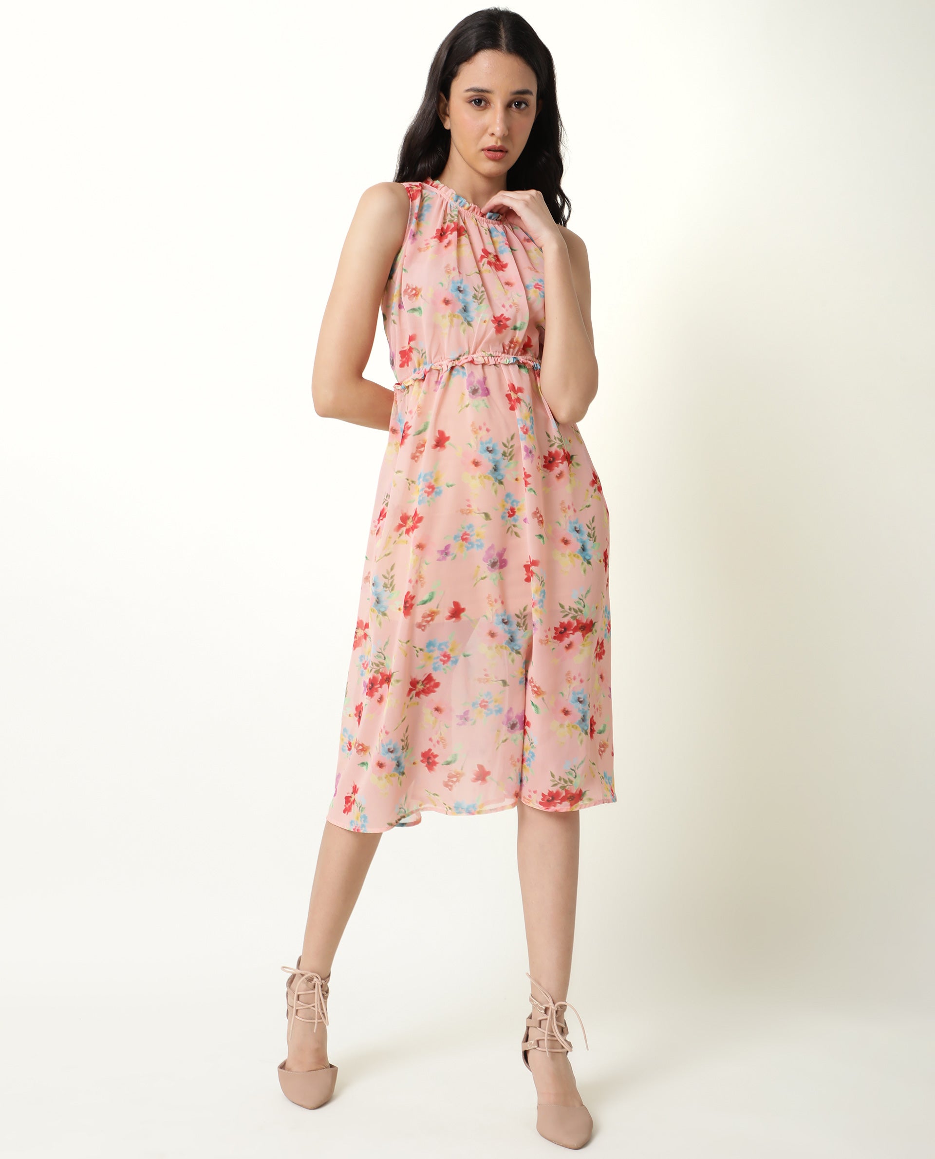 Rareism Women Sack Peach Floral Print Ruffled Round Neck And Waist Sleeveless Midi Dress