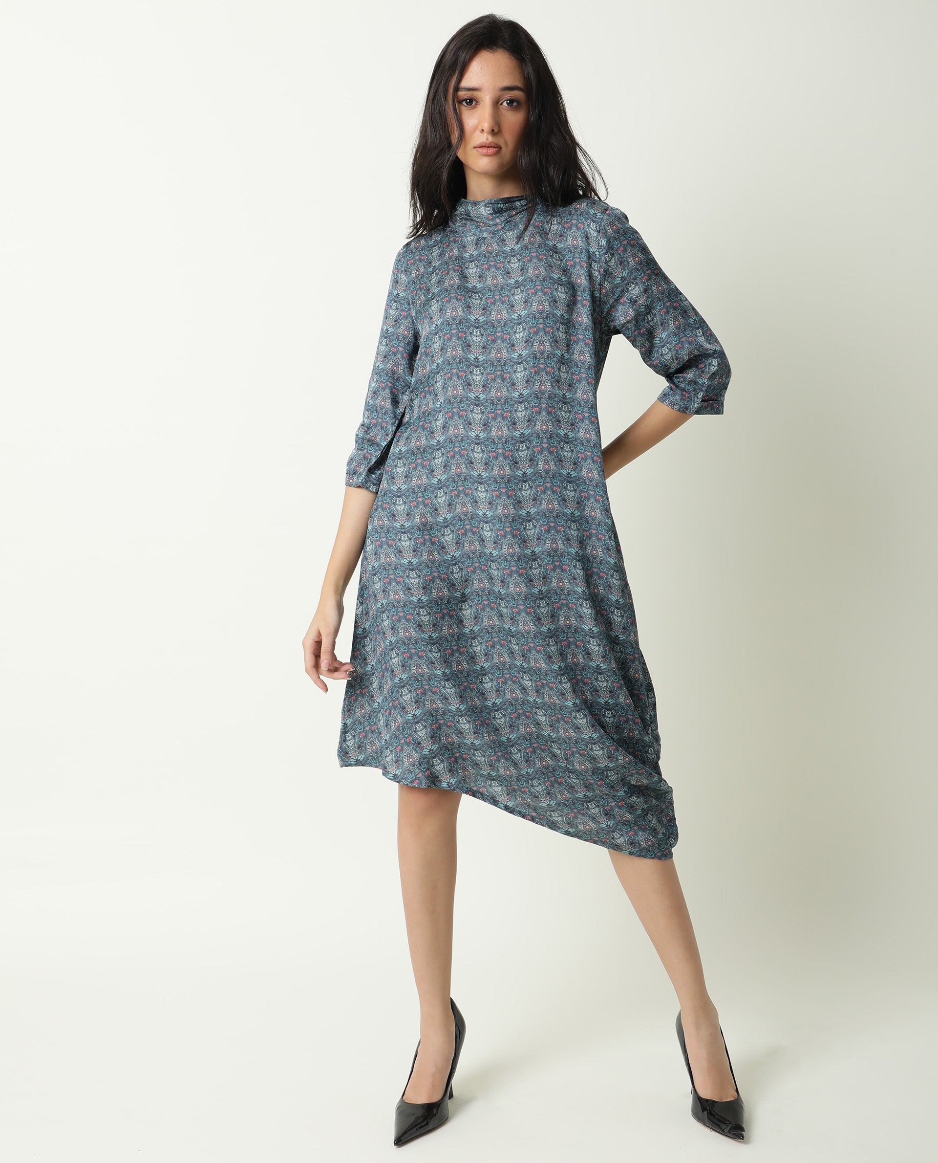 Rareism Women Hairen Grey Abstract Print Band Collar 3/4 Sleeves Asymmetric Knee Length Dress