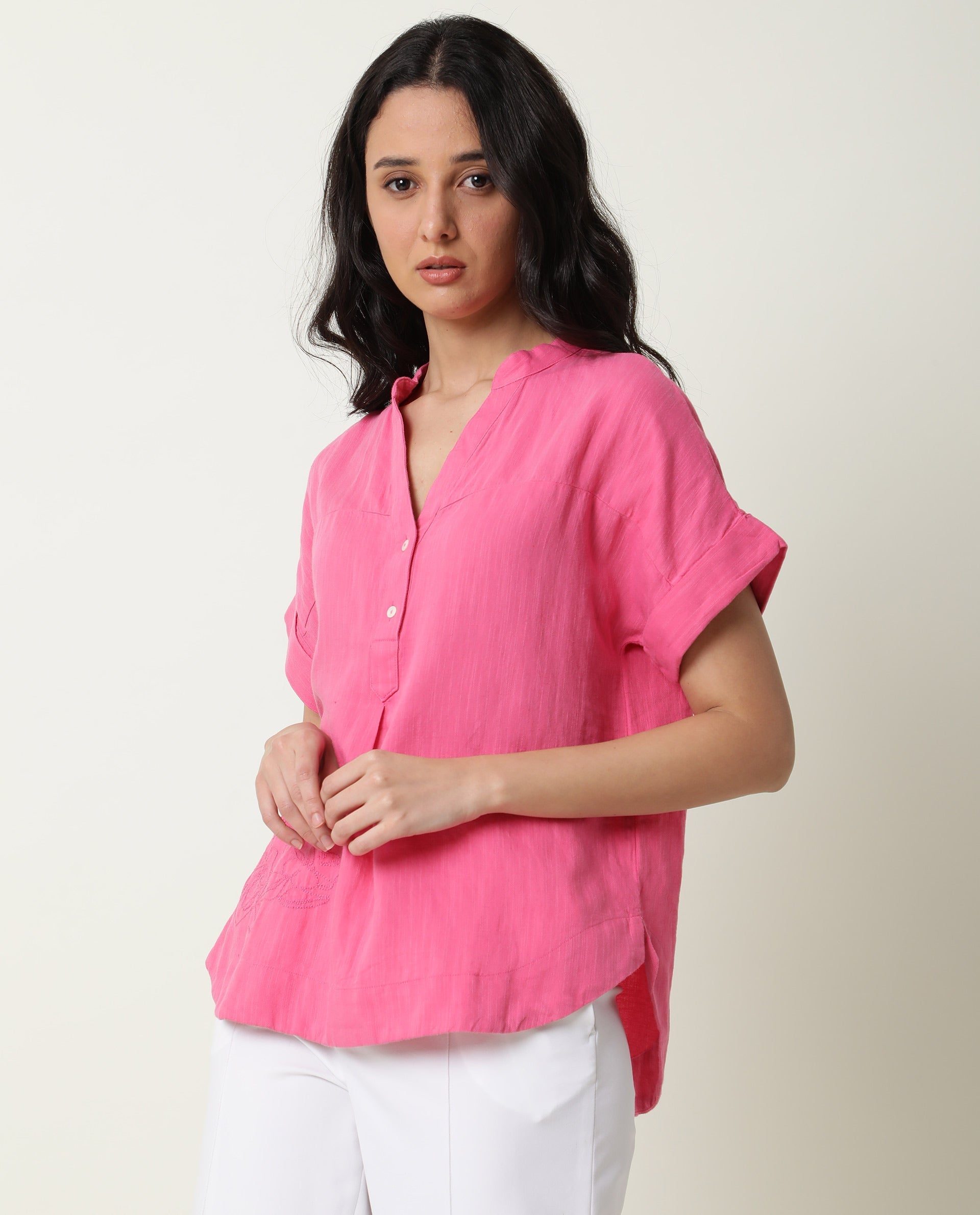 Rareism Womens Rebecca Pink Top Cotton Linen Fabric  Short Sleeve V Neck