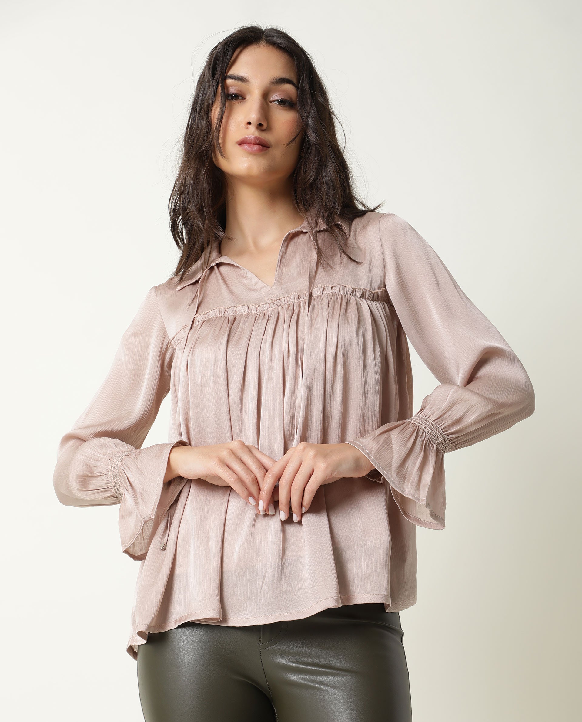Rareism Women Poetess Light Pink Polyester Fabric Regular Fit Collared Neck Full Sleeves Solid Top