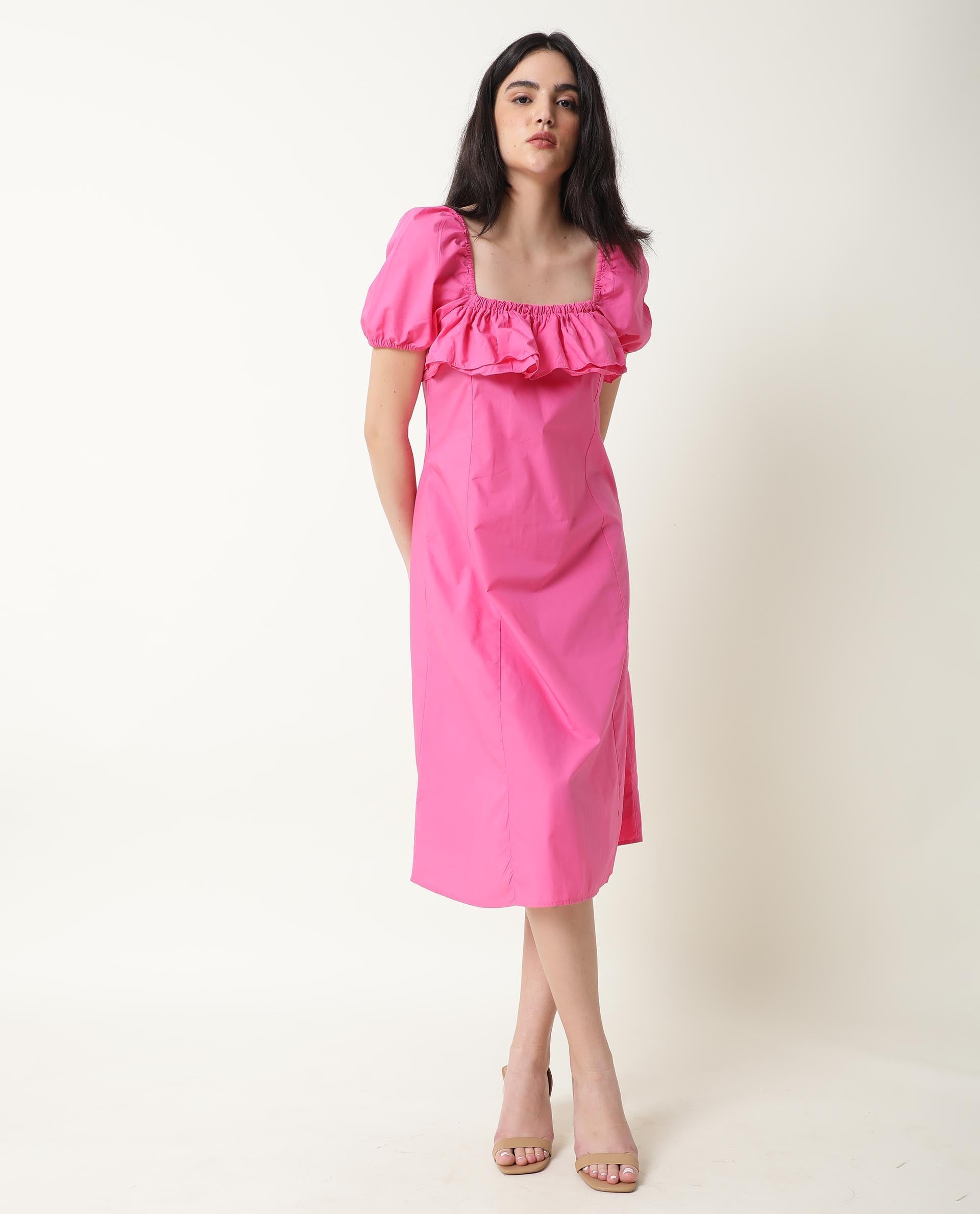 Rareism Women Varsi Pink Square Neck Puff Sleeves Ruffle At The Neck With Pockets Midi Dress