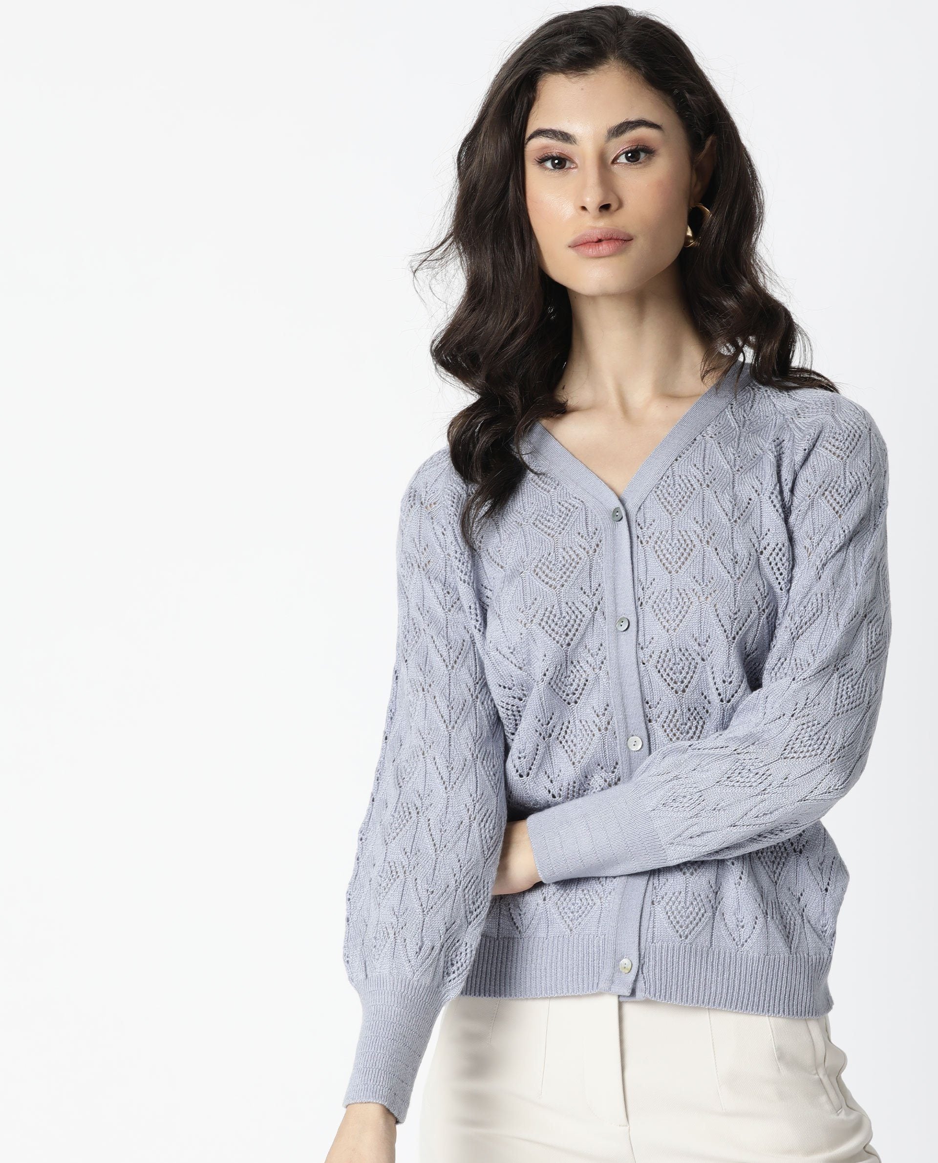 Rareism Women Adorn Purple  Full Sleeves Regular Fit Solid V-Neck Sweater