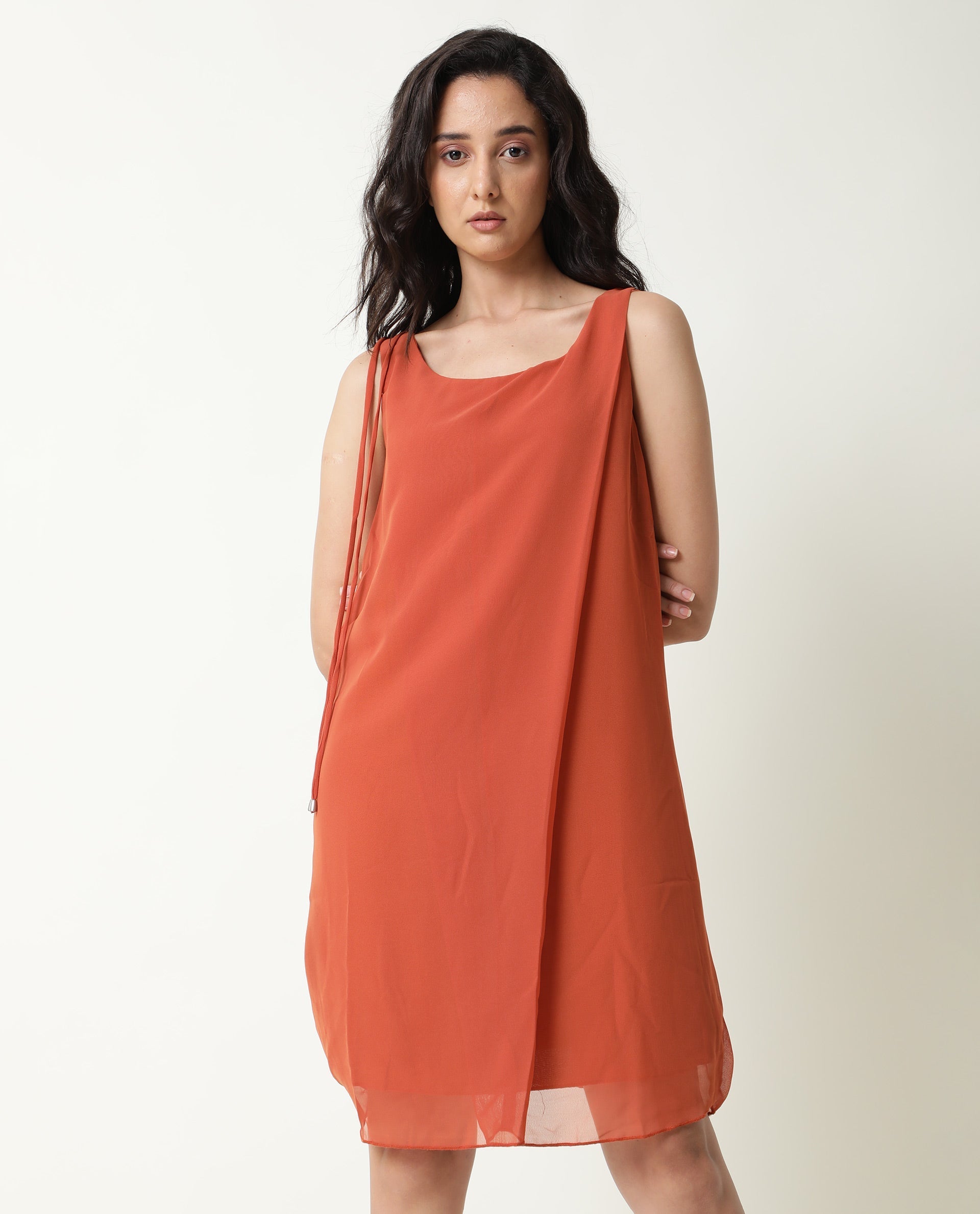 Rareism Women Saabo Dark Rust Boat Neck Sleeveless Side Zip Closure Knee Length Dress