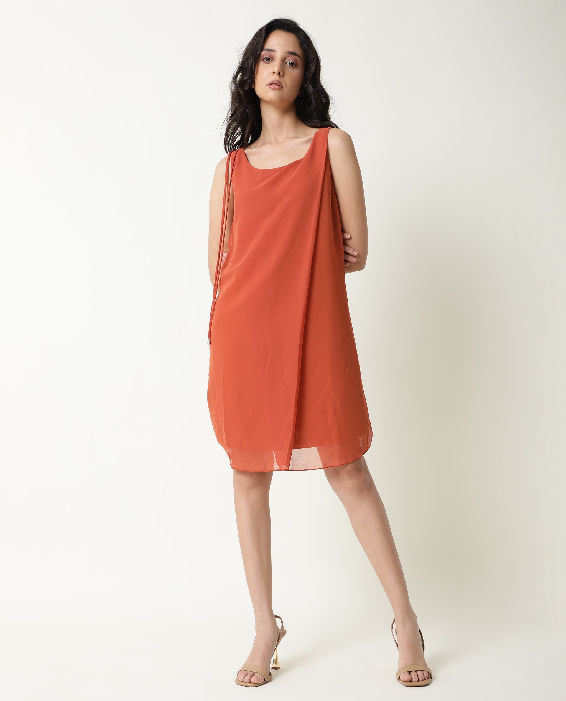 Rareism Women's Saabo Rust Polyester Boat Neck Plain Sleeveless Knee Length Regular Fit Dress