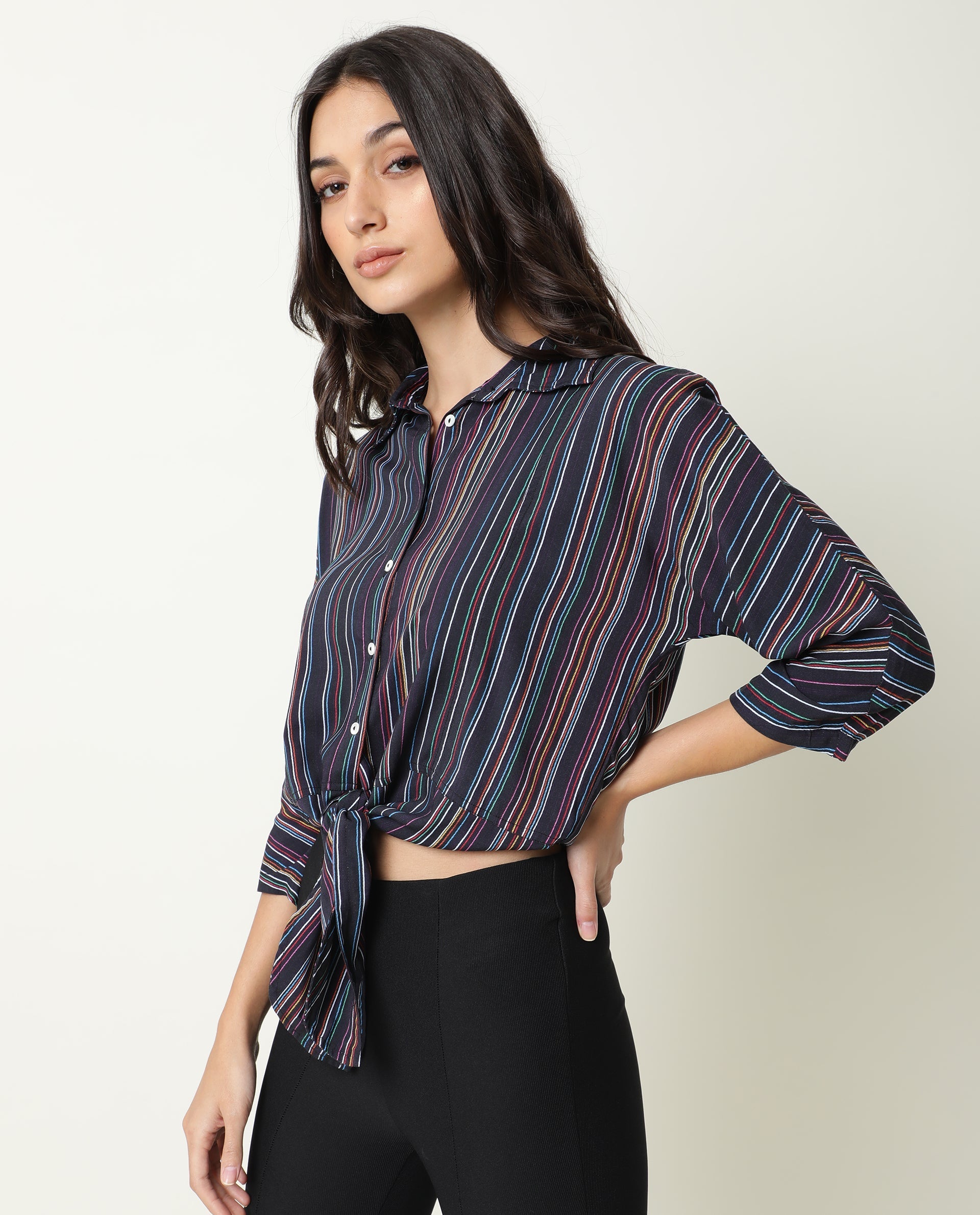Rareism Women Thesis Black Viscose Fabric Relaxed Fit Collarless 3/4Th Sleeves Striped Top