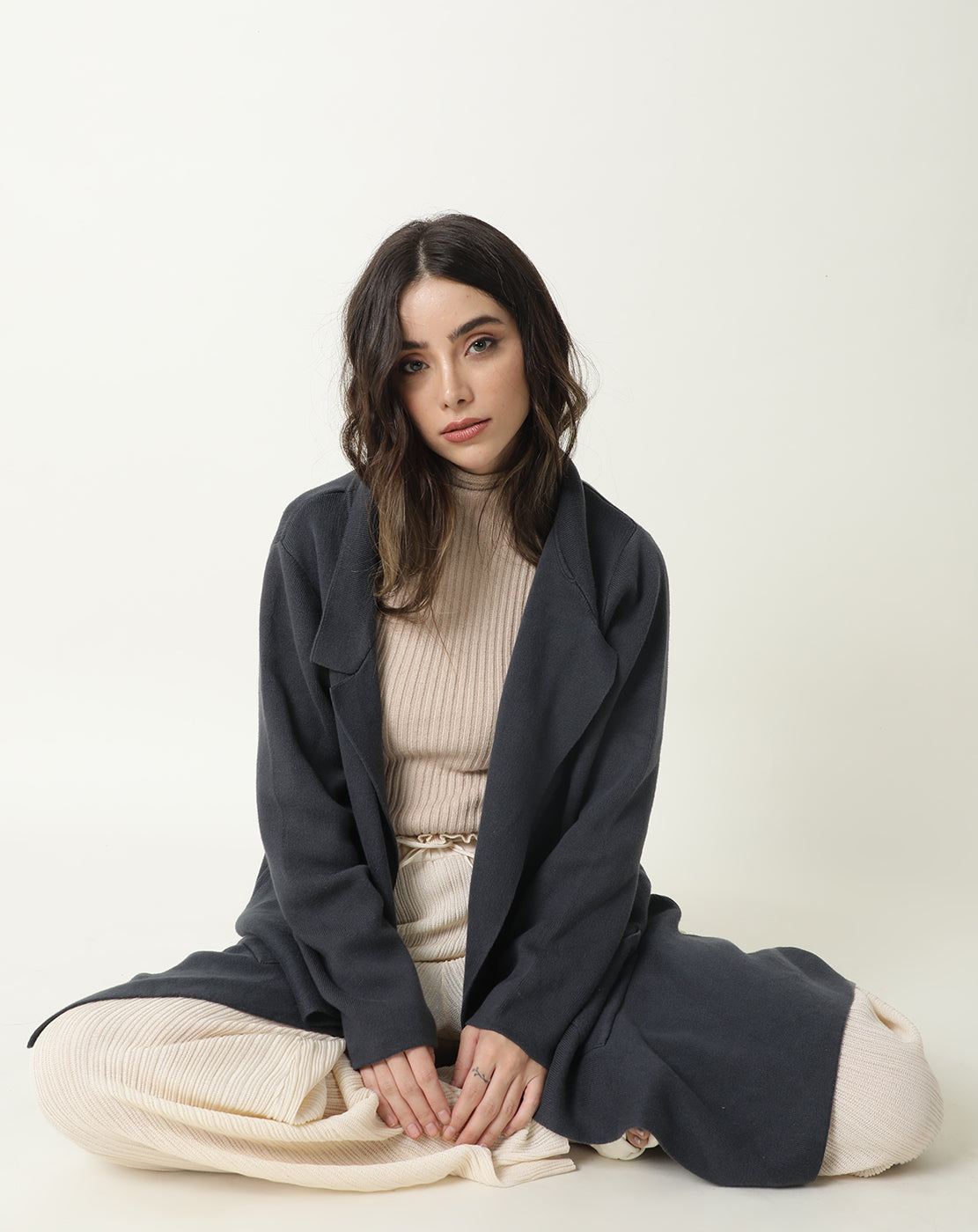 Rareism Women Trident Grey Cotton Fabric Full Sleeves Knee Length Regular Fit Solid Lapel Neck Sweater