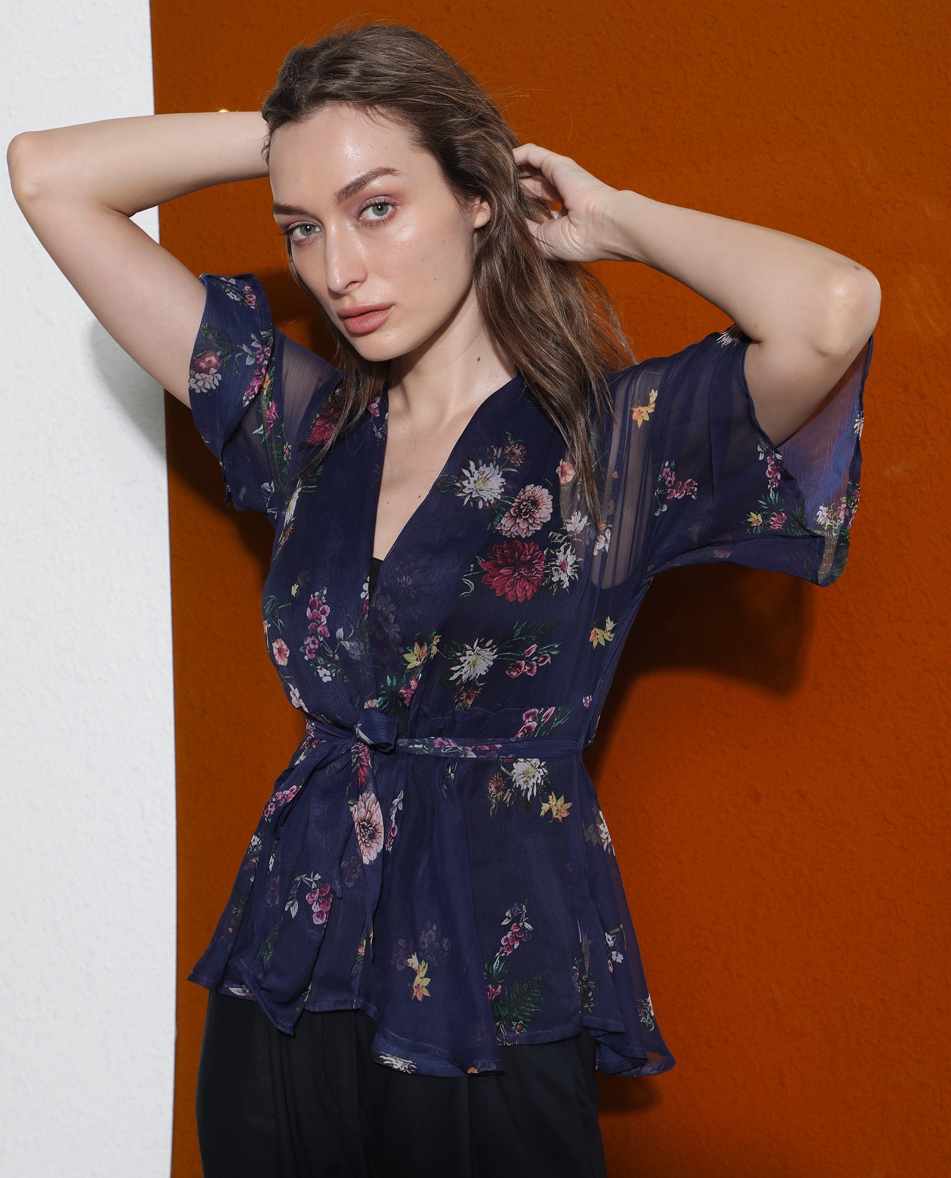 Rareism Women Greta Blue Polyester Fabric 3/4Th Sleeves Over Lap Bell Sleeve Regular Fit Floral Print Shrug