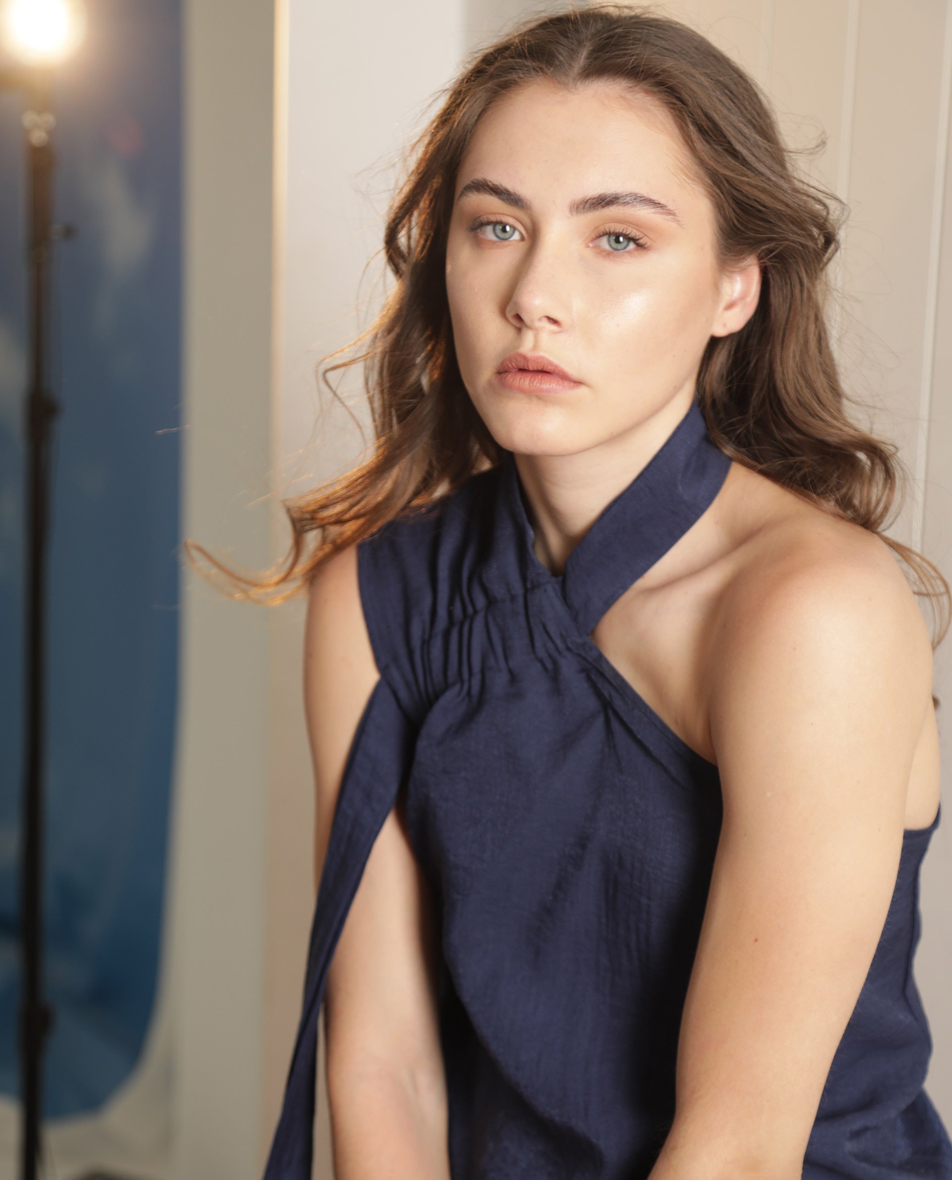 Rareism Women's Urale Navy Rayon Blend Halter Neck Plain Sleeveless Slim Fit Top