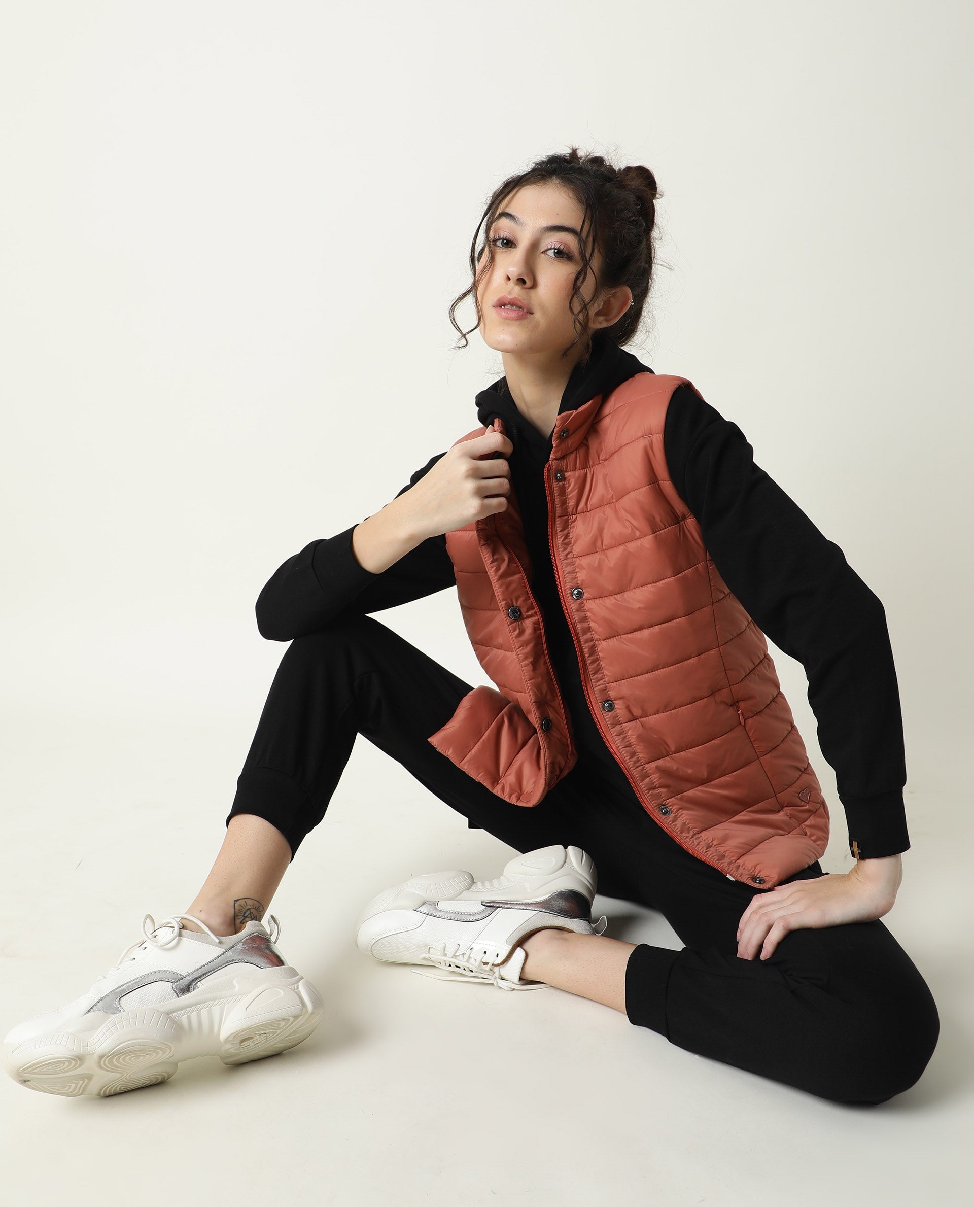 Rareism Women Trunk Dark Rust  Sleeveless Solid Hooded Jacket