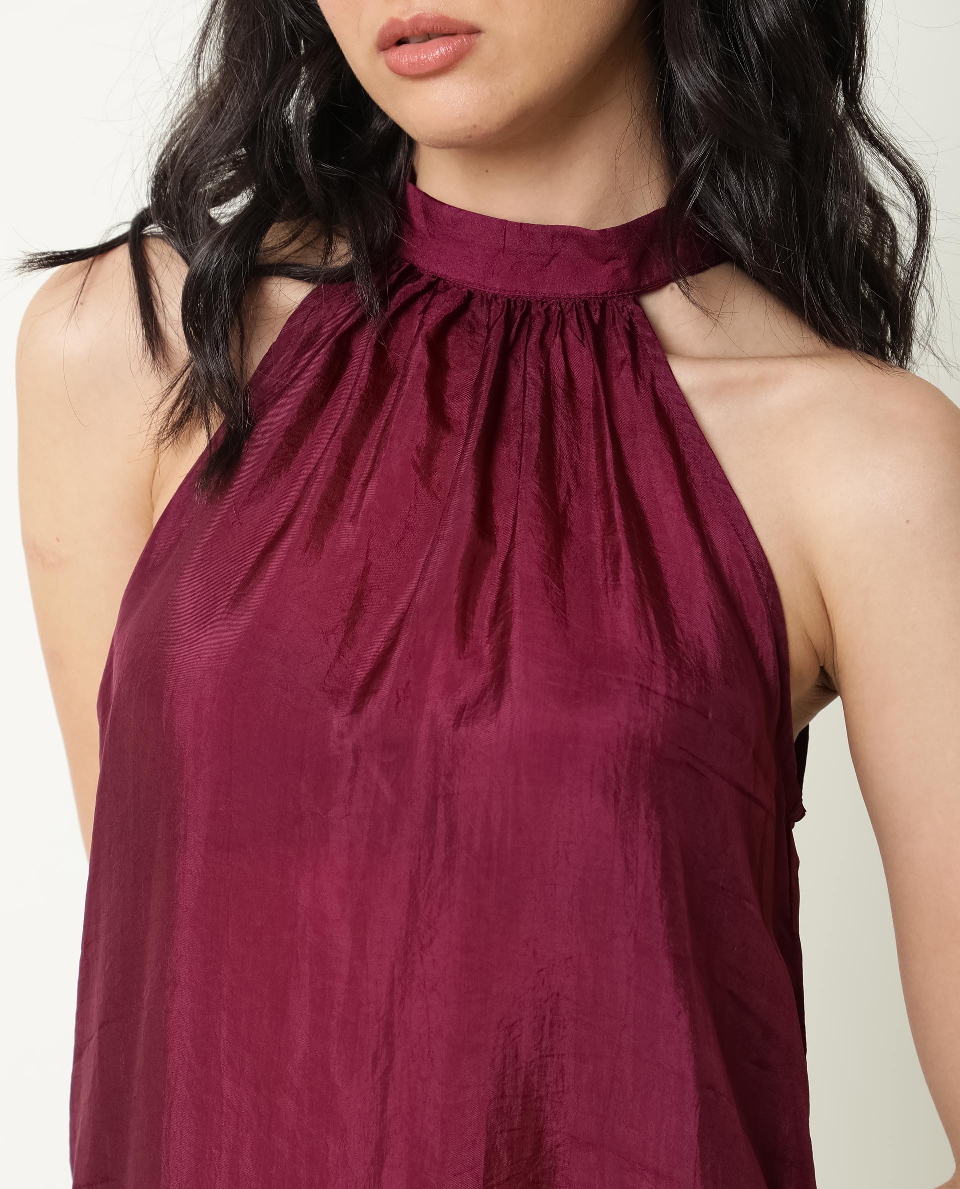 Rareism Womens Sahano Maroon Top Poly Viscose Fabric  Sleeveless Halter Neck