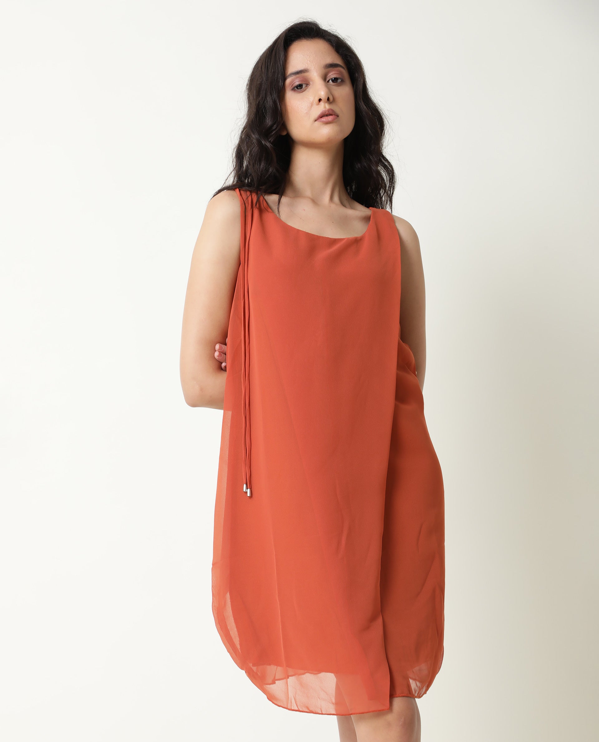 Rareism Women Saabo Dark Rust Boat Neck Sleeveless Side Zip Closure Knee Length Dress