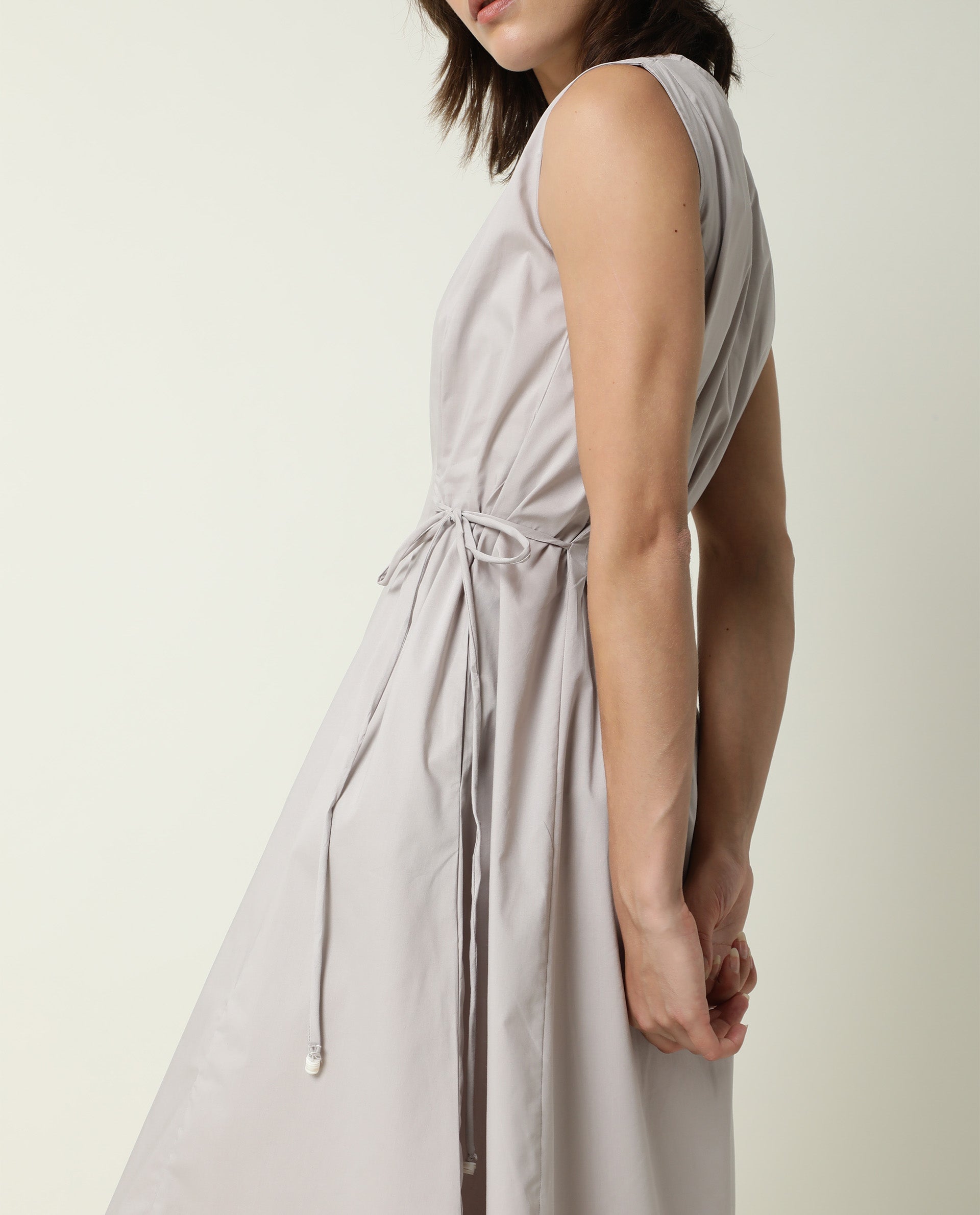 Rareism Womens Zippo Grey Dress Cotton Lycra Fabric Regular Fit Sleeveless Round Neck