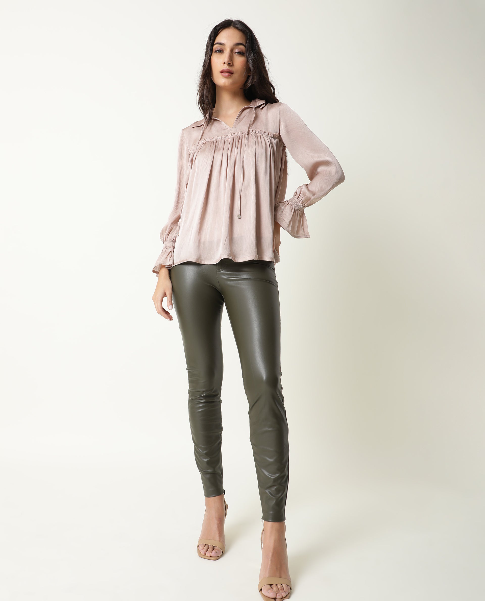 Rareism Women Poetess Light Pink Polyester Fabric Regular Fit Collared Neck Full Sleeves Solid Top