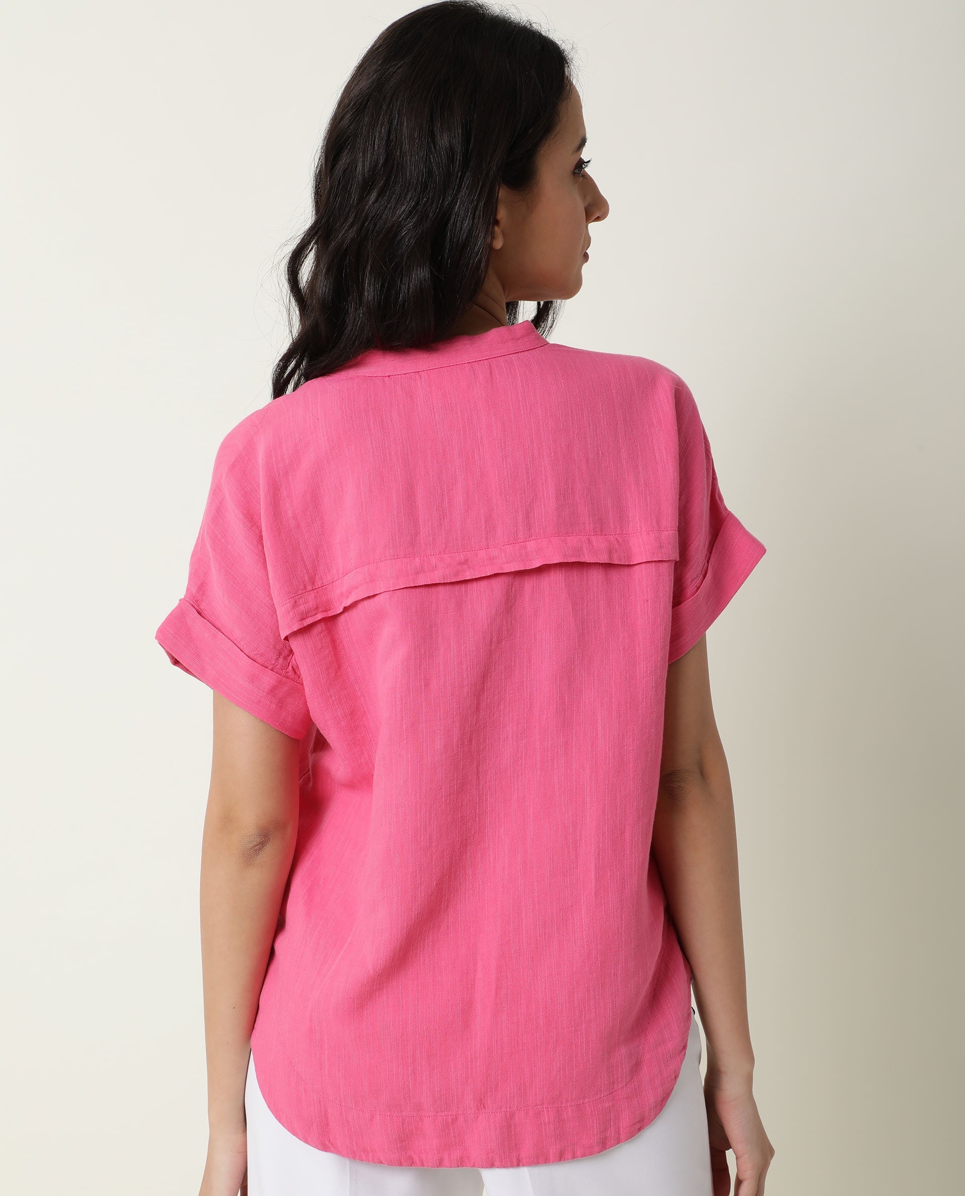 Rareism Womens Rebecca Pink Top Cotton Linen Fabric  Short Sleeve V Neck