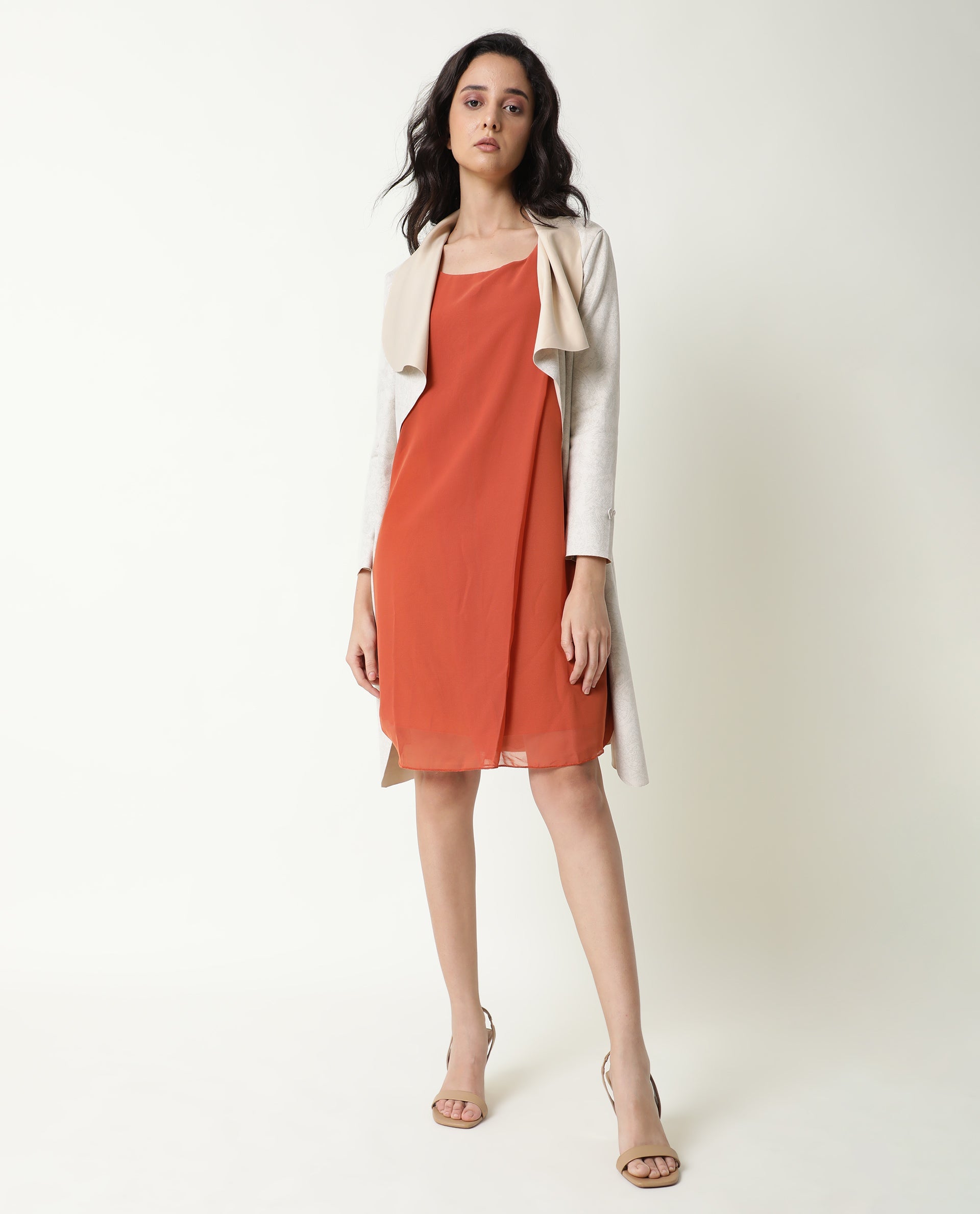 Rareism Women Saabo Dark Rust Boat Neck Sleeveless Side Zip Closure Knee Length Dress