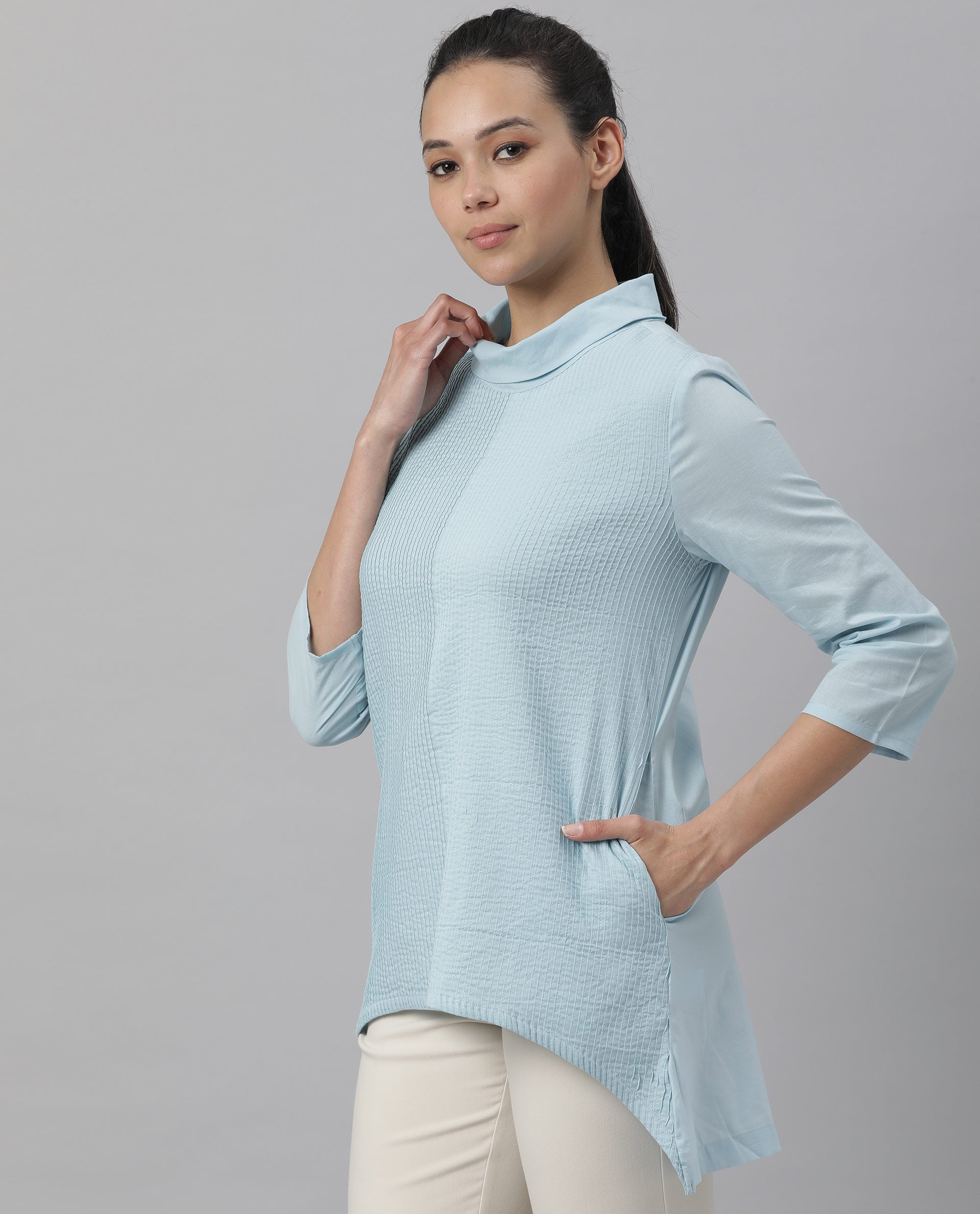 Rareism Women's Printol Blue Cotton Turtle Neck Plain Regular Fit Top