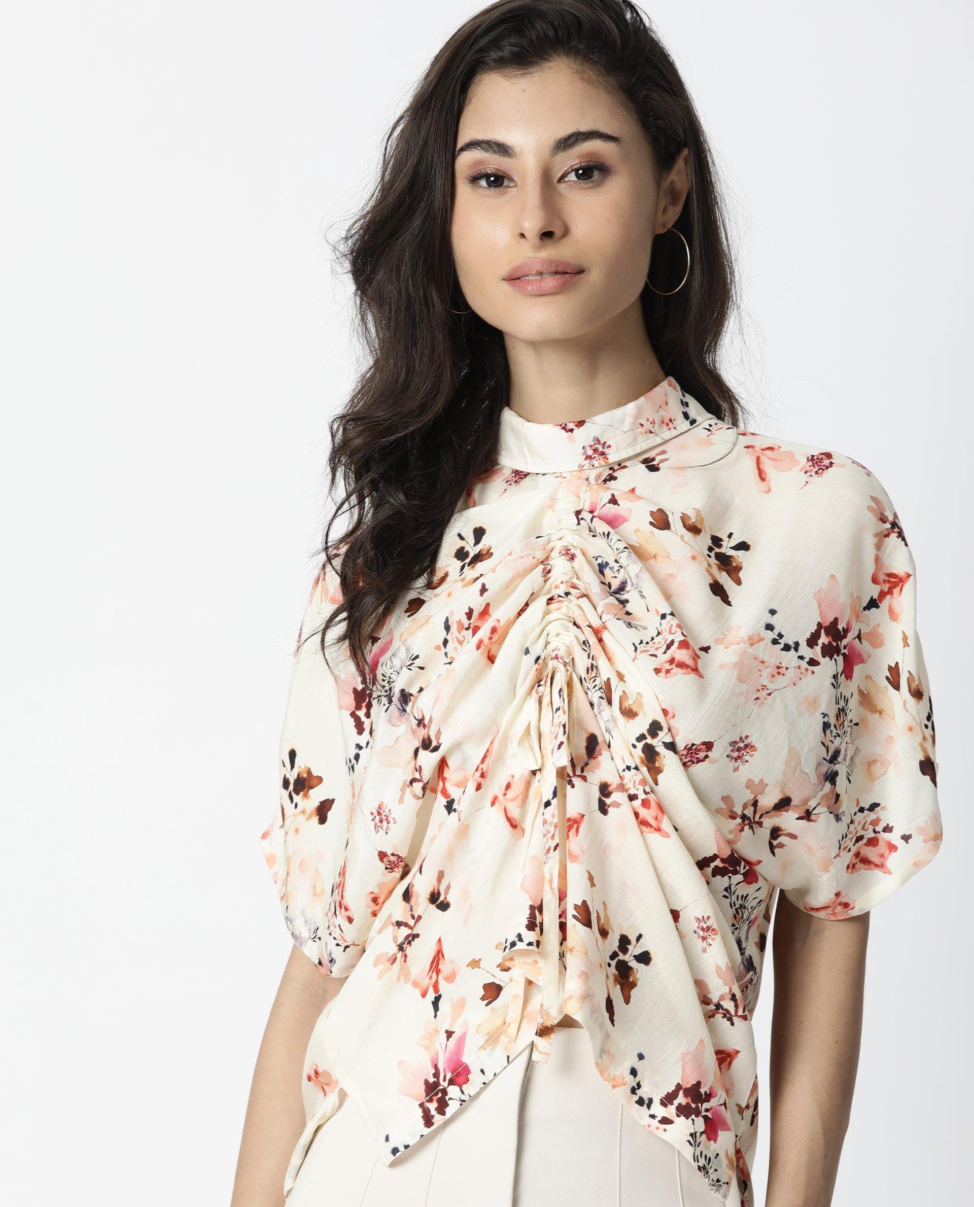 Rareism Women Emmer Offwhite Top Short Sleeves Printed