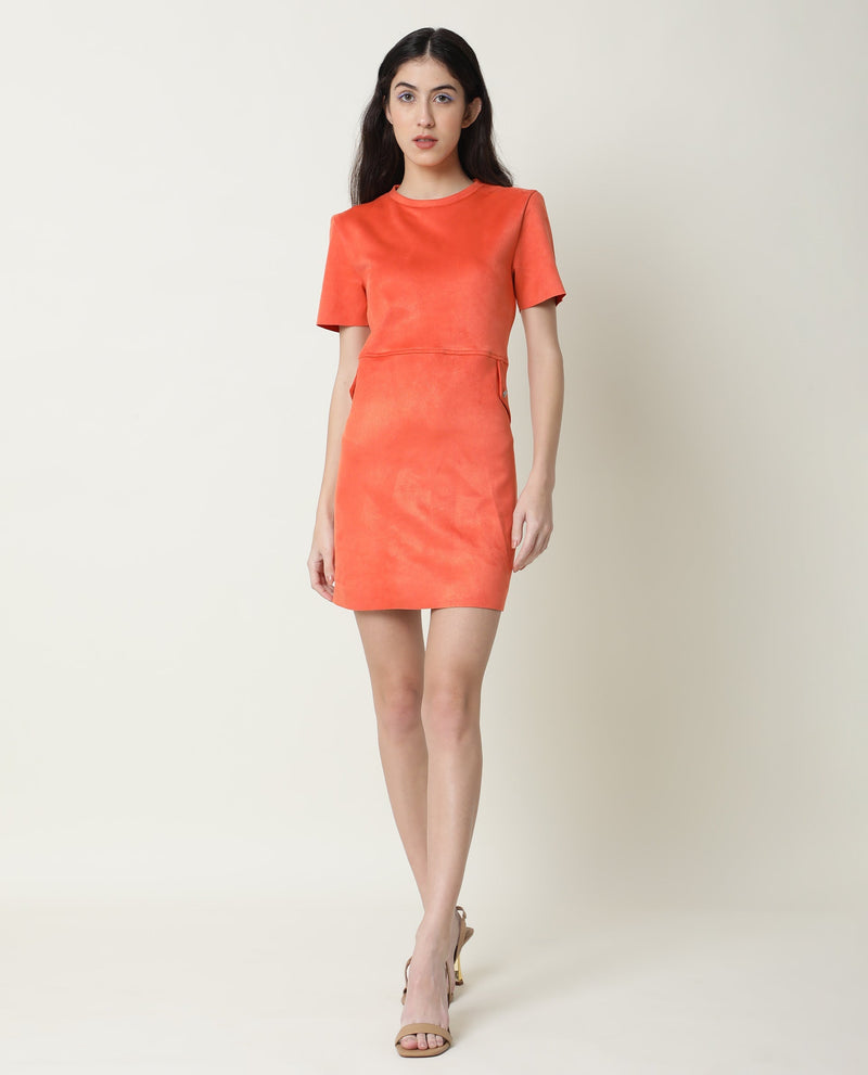 Rareism Women Sions Orange Round Neck Short Sleeves Pseudo Side Pockets Mini Dress