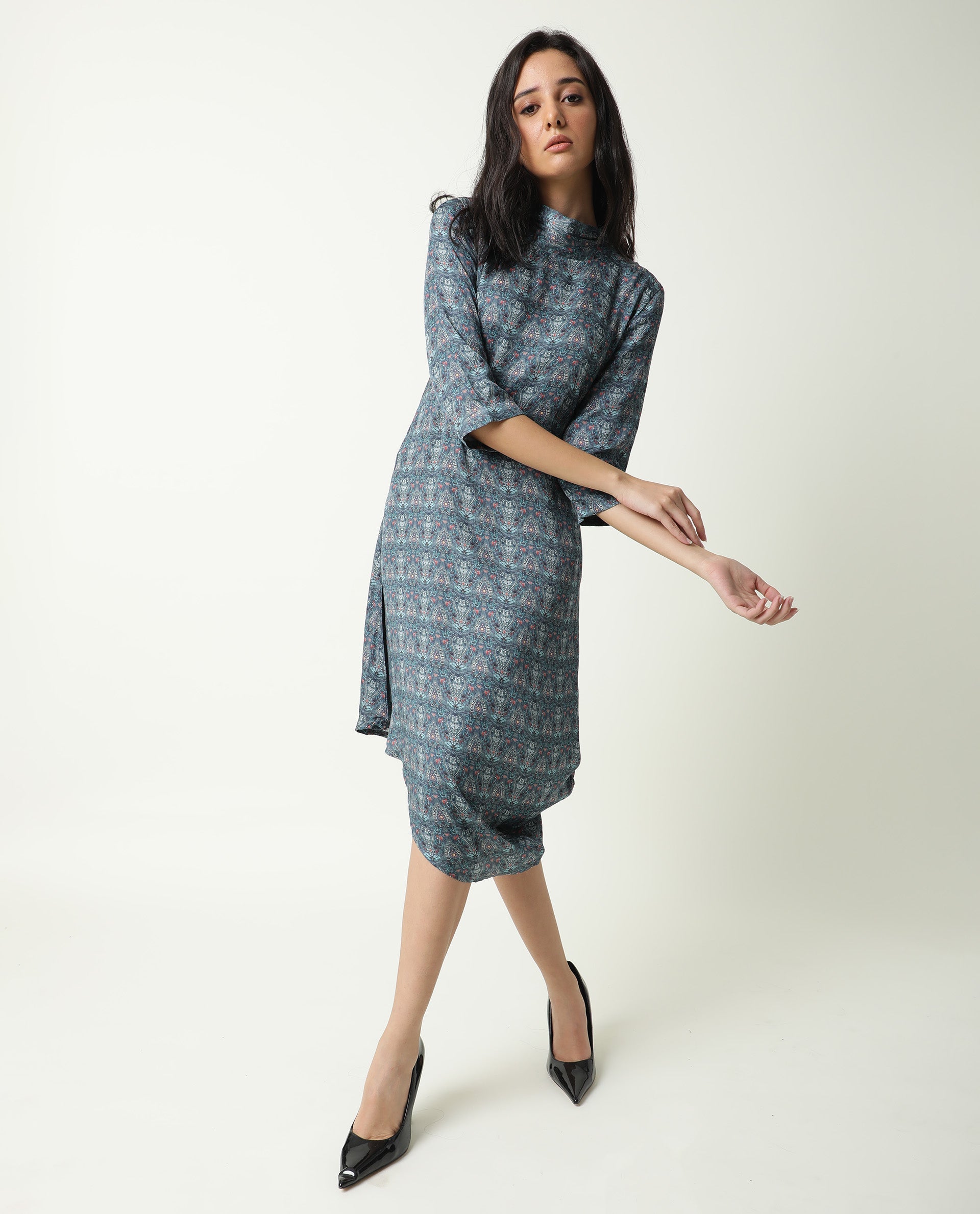 Rareism Women Hairen Grey Abstract Print Band Collar 3/4 Sleeves Asymmetric Knee Length Dress