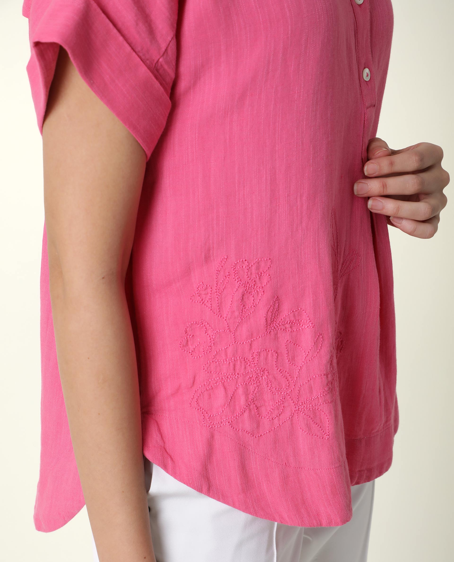 Rareism Womens Rebecca Pink Top Cotton Linen Fabric  Short Sleeve V Neck