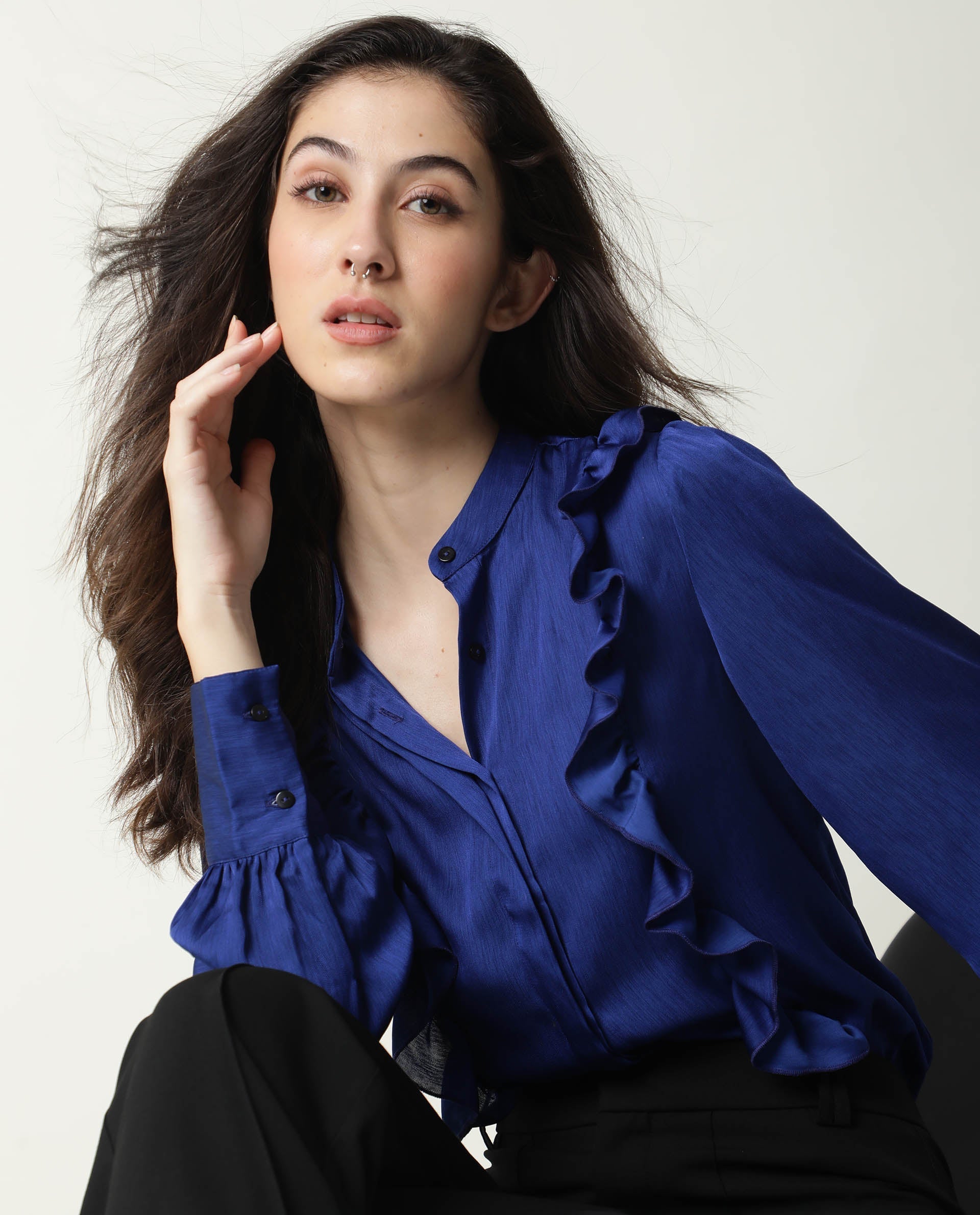 Rareism Womens Chamomile Blue Top Polyester Fabric  Fit Regular Sleeves Mandarin Neck