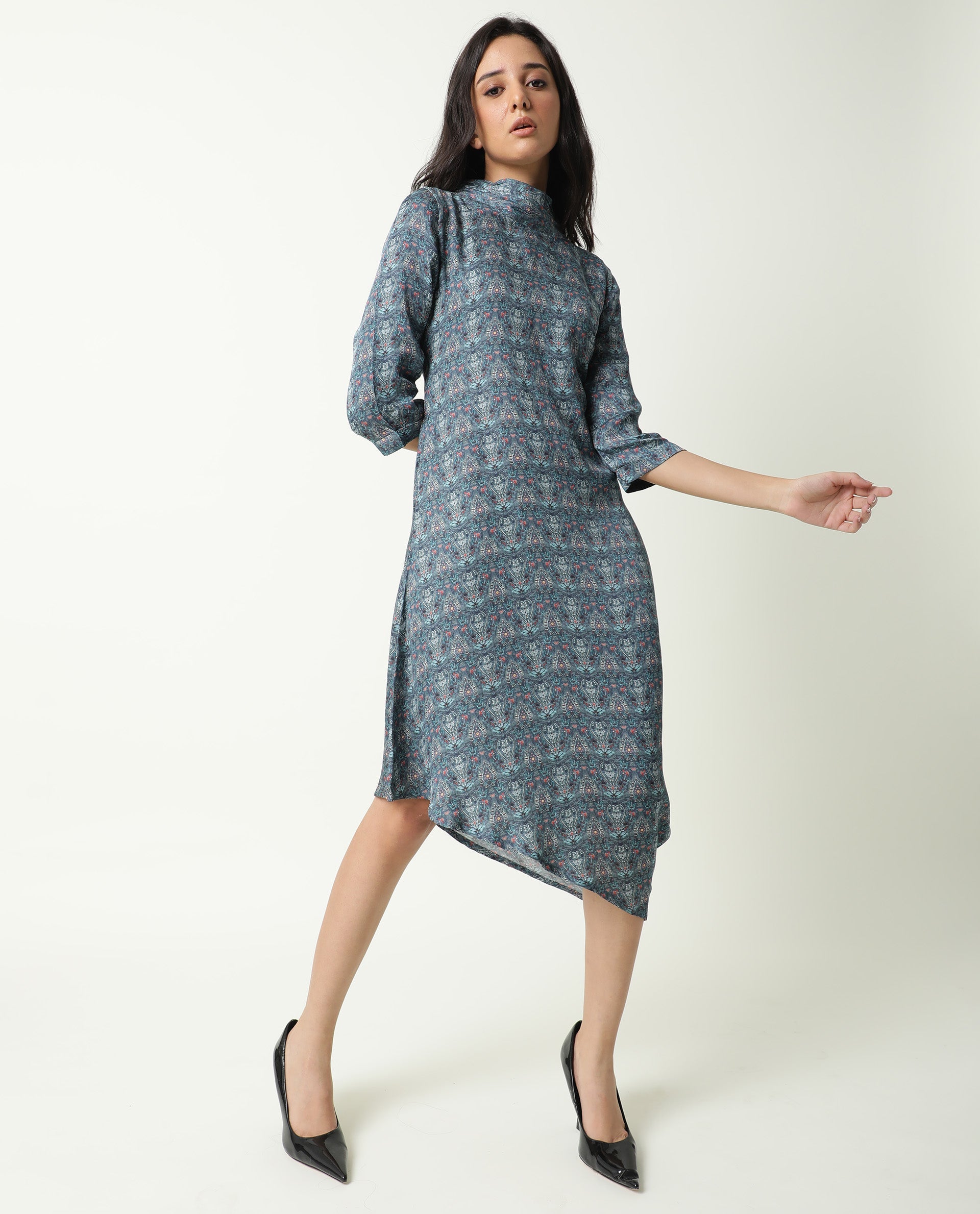 Rareism Women Hairen Grey Abstract Print Band Collar 3/4 Sleeves Asymmetric Knee Length Dress