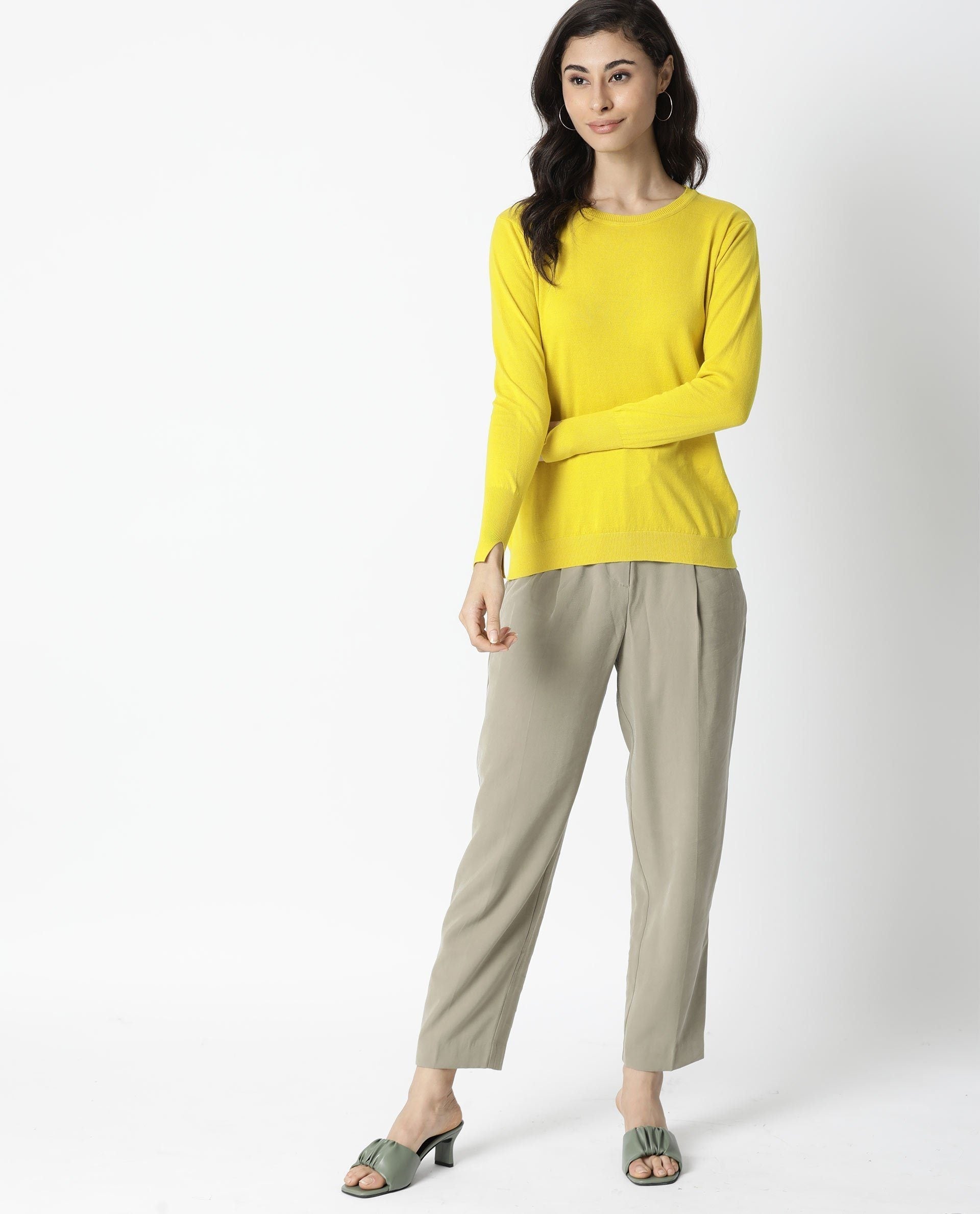 Rareism Women Plum Yellow Cotton Fabric Full Sleeves Regular Fit Ribbed Ribbed Collar Sweater