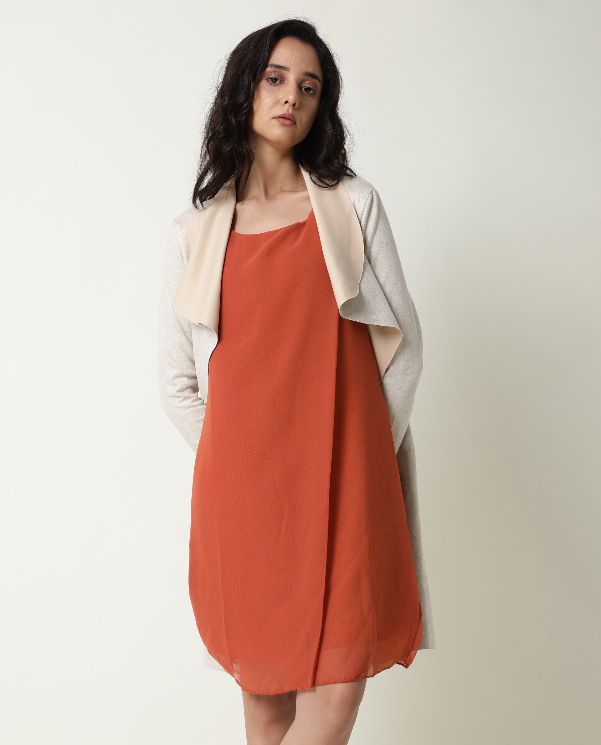 Rareism Women's Saabo Rust Polyester Boat Neck Plain Sleeveless Knee Length Regular Fit Dress
