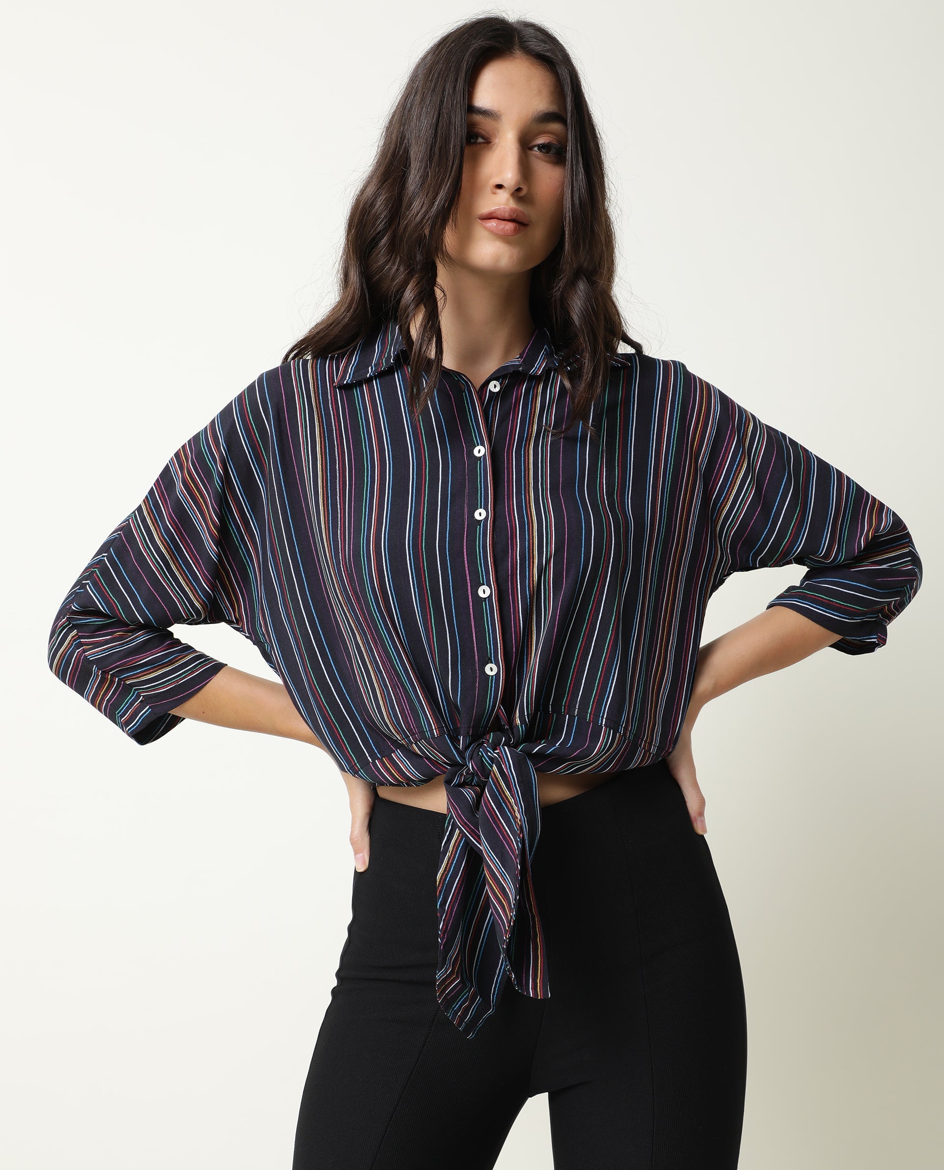 Rareism Women Thesis Black Viscose Fabric Relaxed Fit Collarless 3/4Th Sleeves Striped Top