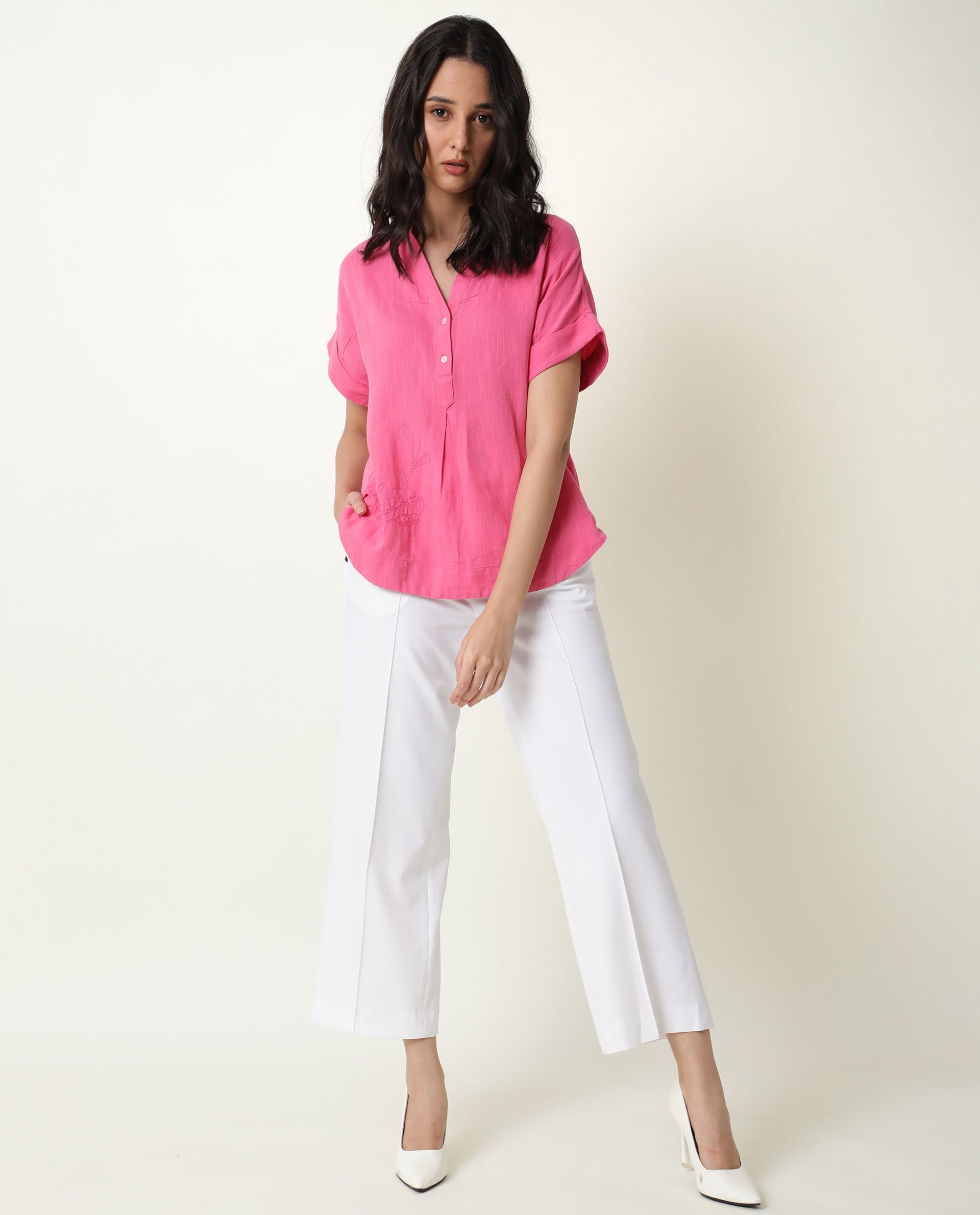 Rareism Womens Rebecca Pink Top Cotton Linen Fabric  Short Sleeve V Neck
