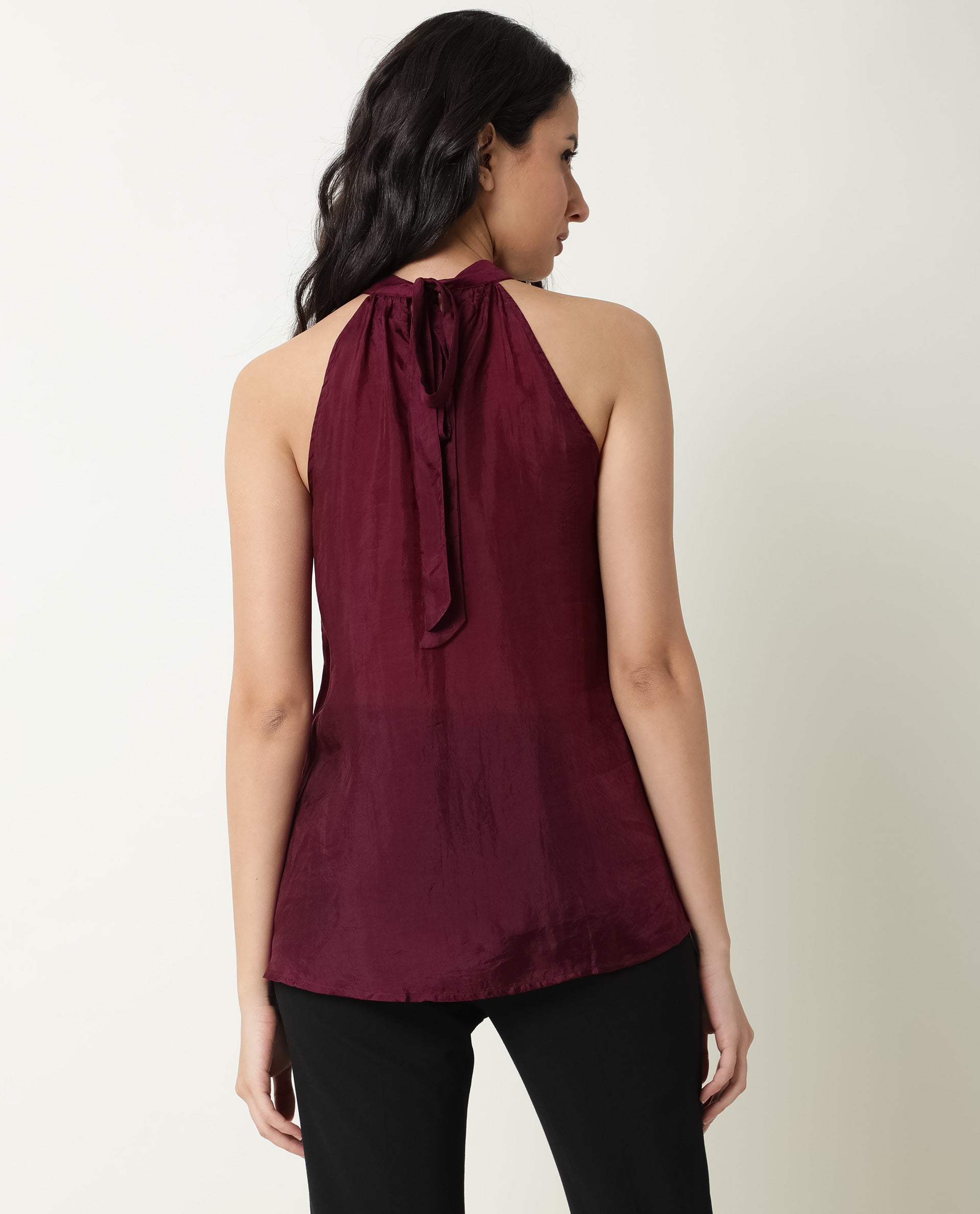 Rareism Womens Sahano Maroon Top Poly Viscose Fabric  Sleeveless Halter Neck