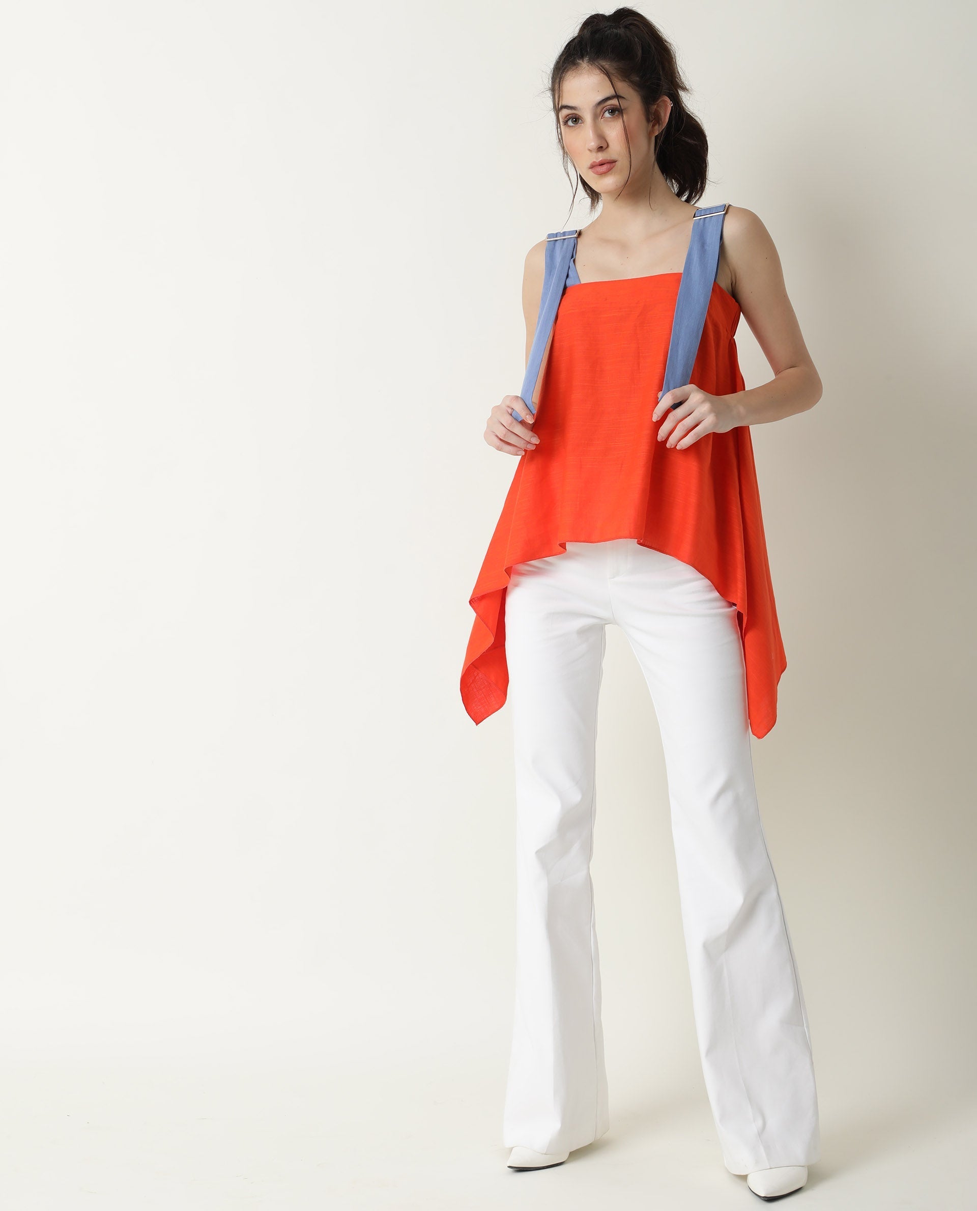 Rareism Womens Cronicle Blue Top Cotton Linen Fabric Regular Fit Sleeveless Square Neck