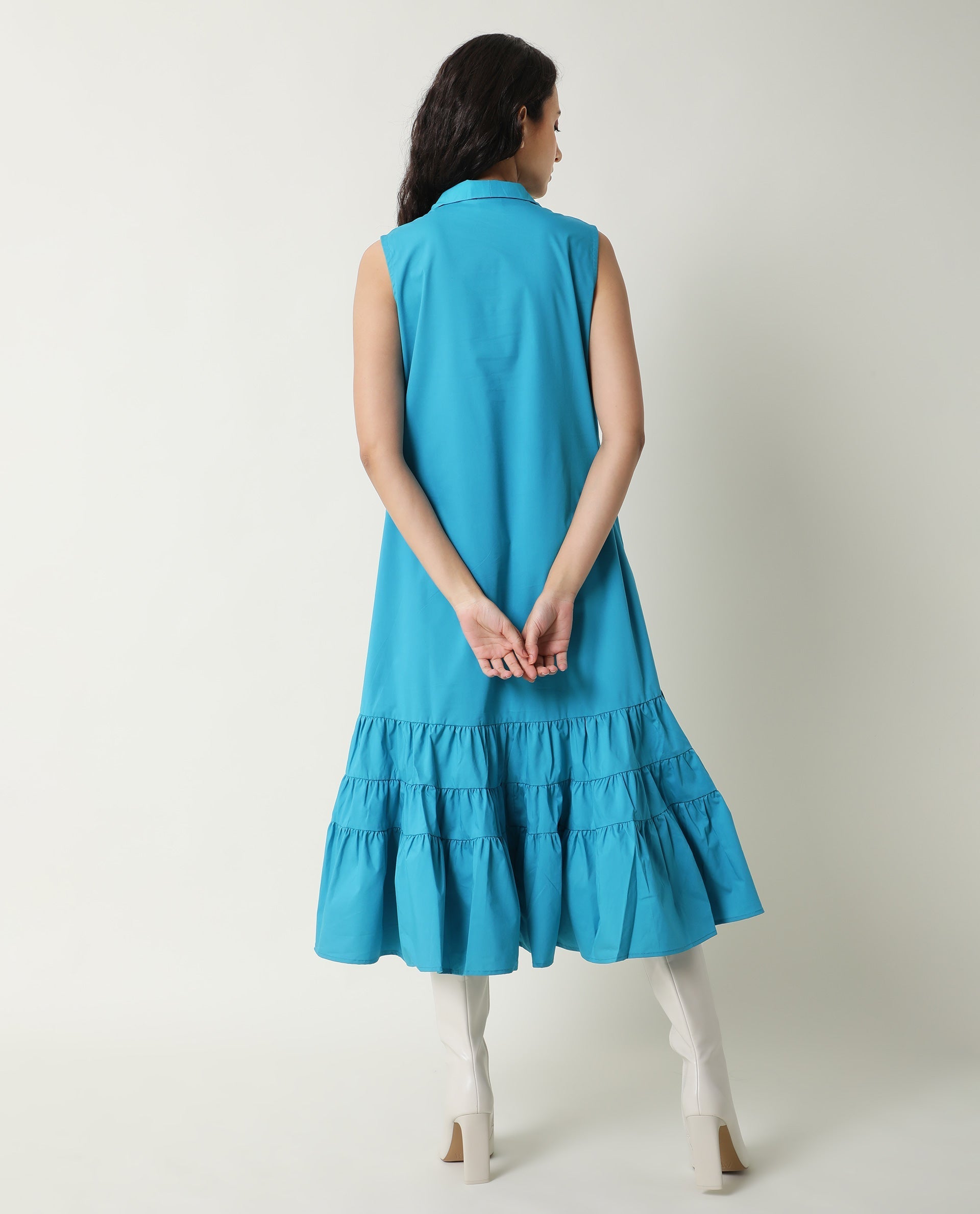 Rareism Women Gino Blue Tie Up Neck Sleeveless With Ruffled Hem And Pockets Maxi Dress